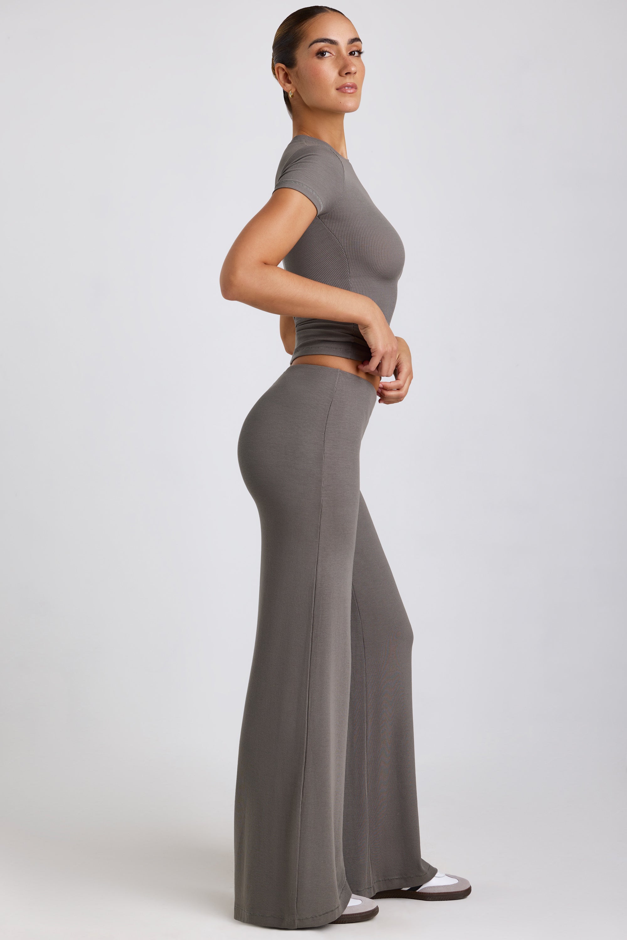 Grey high waisted wide leg trousers