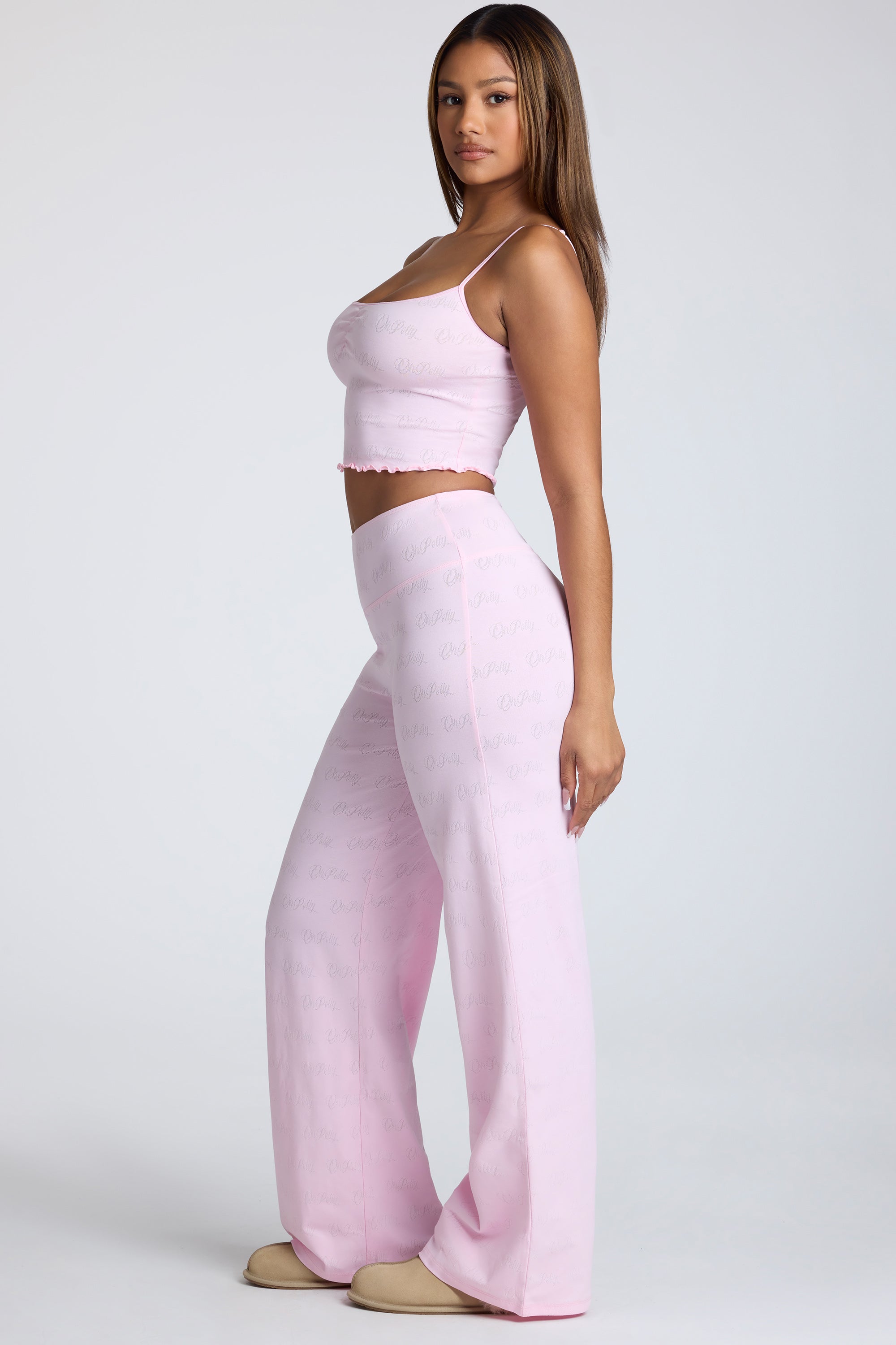 Loungewear Mid Rise Straight Leg Pointelle Trousers in Baby Pink