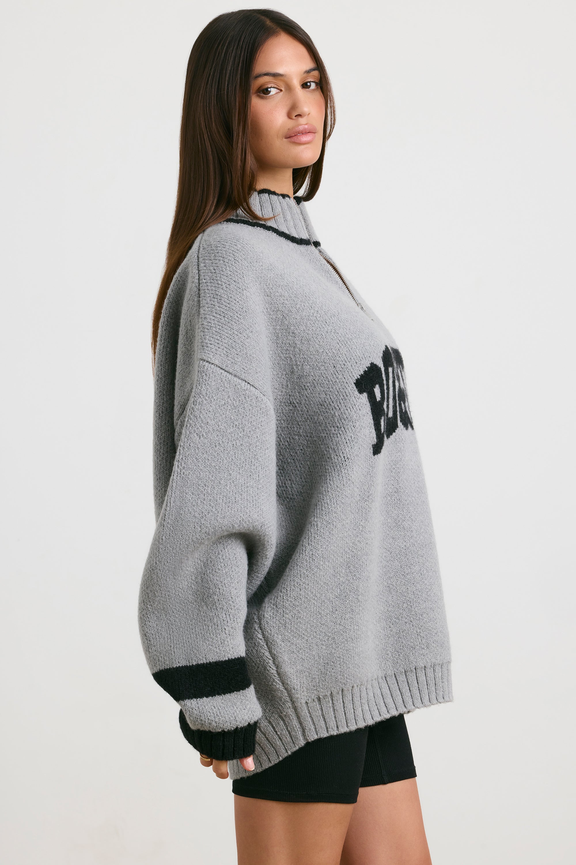 Oversized Quarter-Zip Chunky-Knit Jumper in Heather Grey