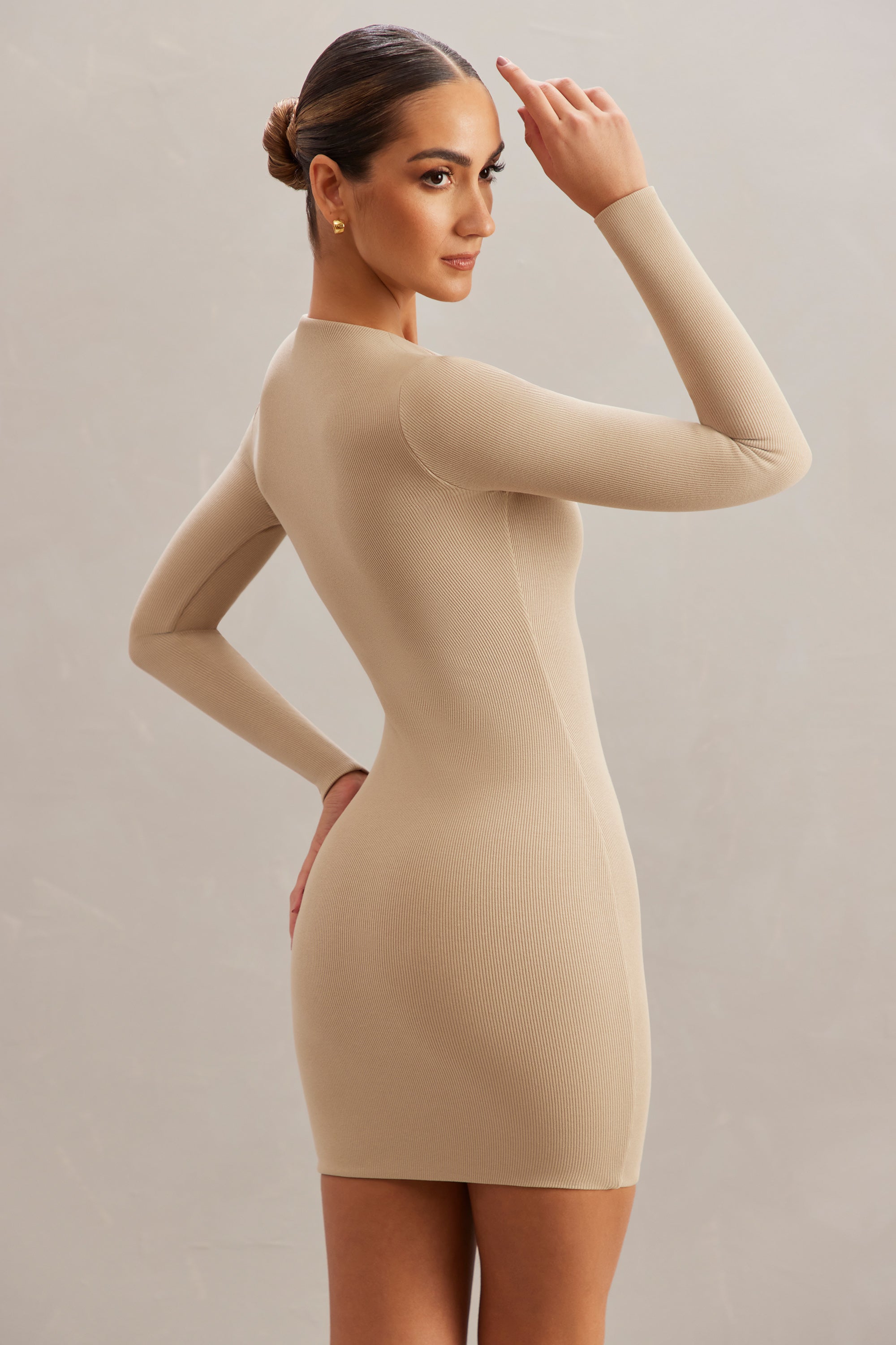 Stone 2 In 1 Long Sleeve Under Boob Slinky Mini Dress