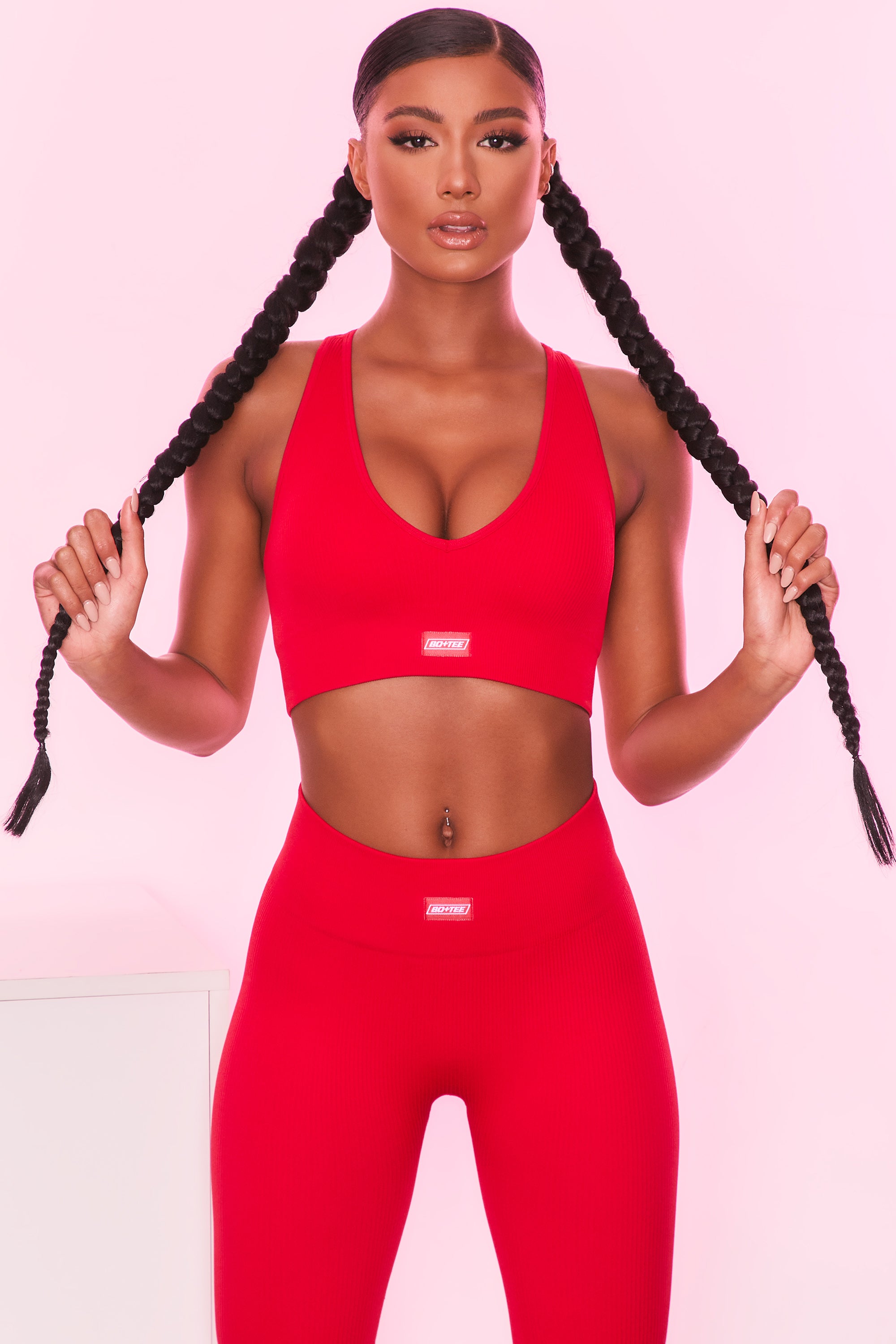 Be The Best Ribbed Plunge Neck Sports Bra in Hot Pink