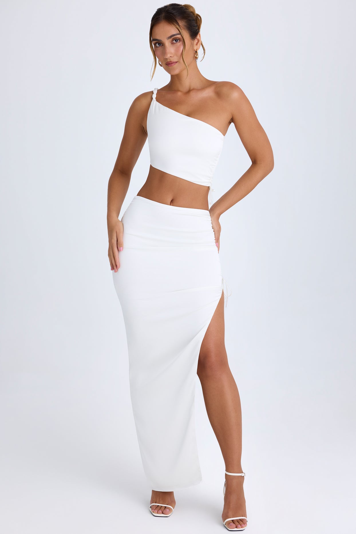 Ruched Asymmetric-Waist Maxi Skirt in White