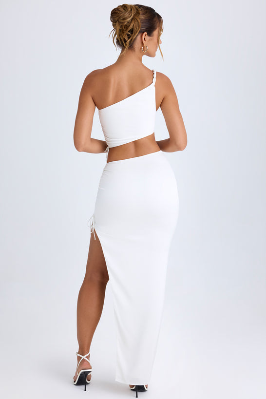 Ruched Asymmetric-Waist Maxi Skirt in White