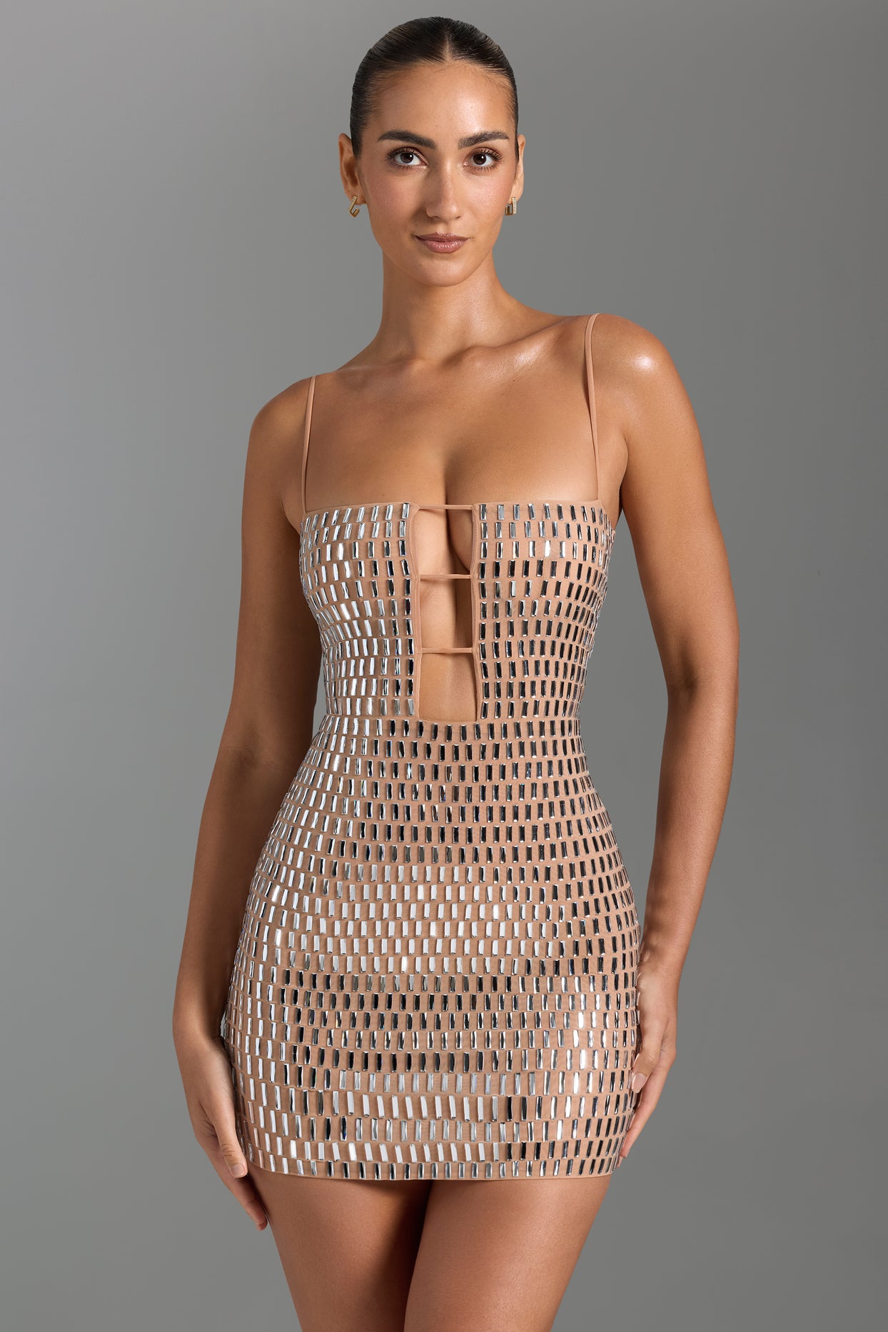 Embellished Cut-Out Mini Dress in Honey