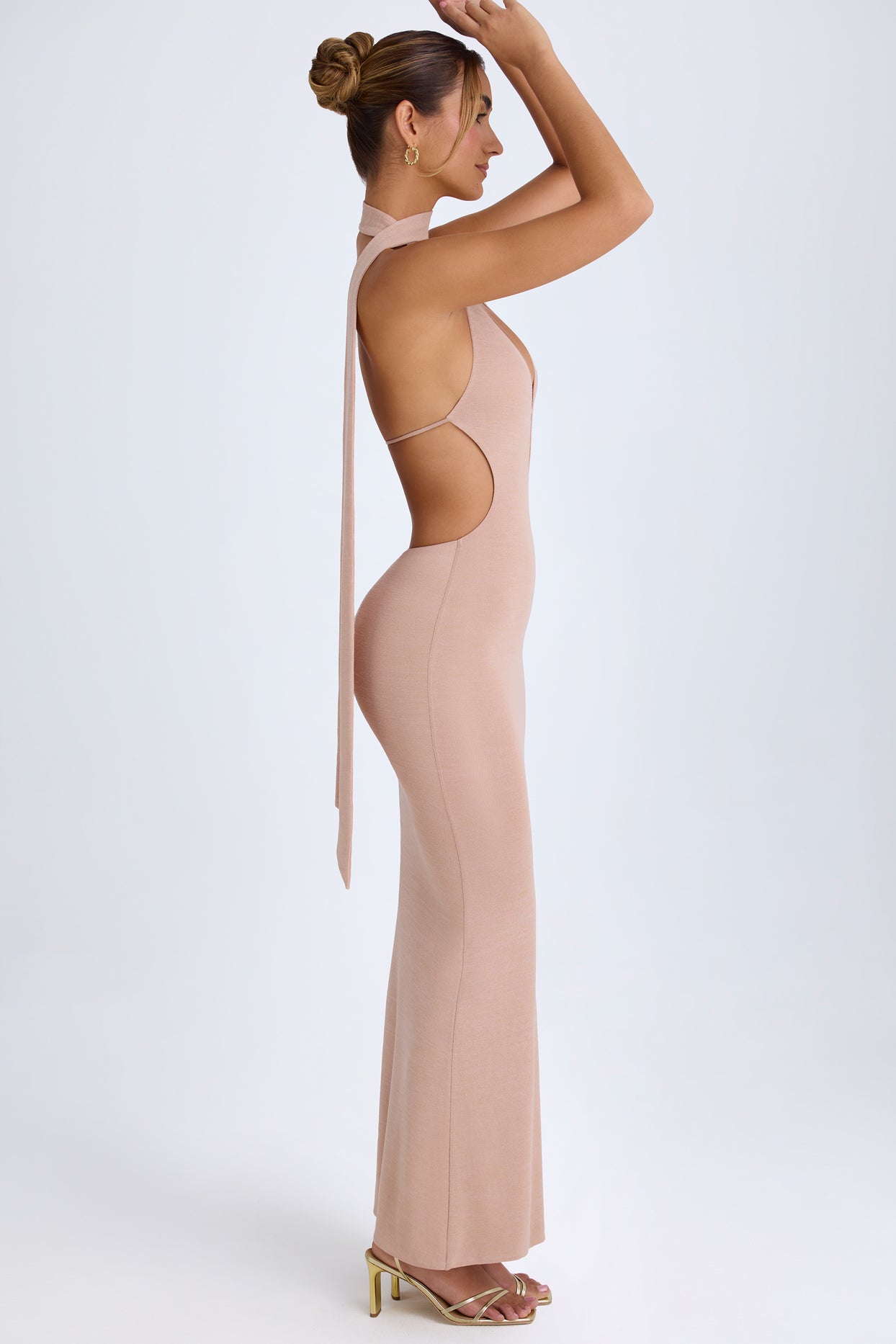 Scarf-Detail Cut-Out Halterneck Maxi Dress in Warm Peach