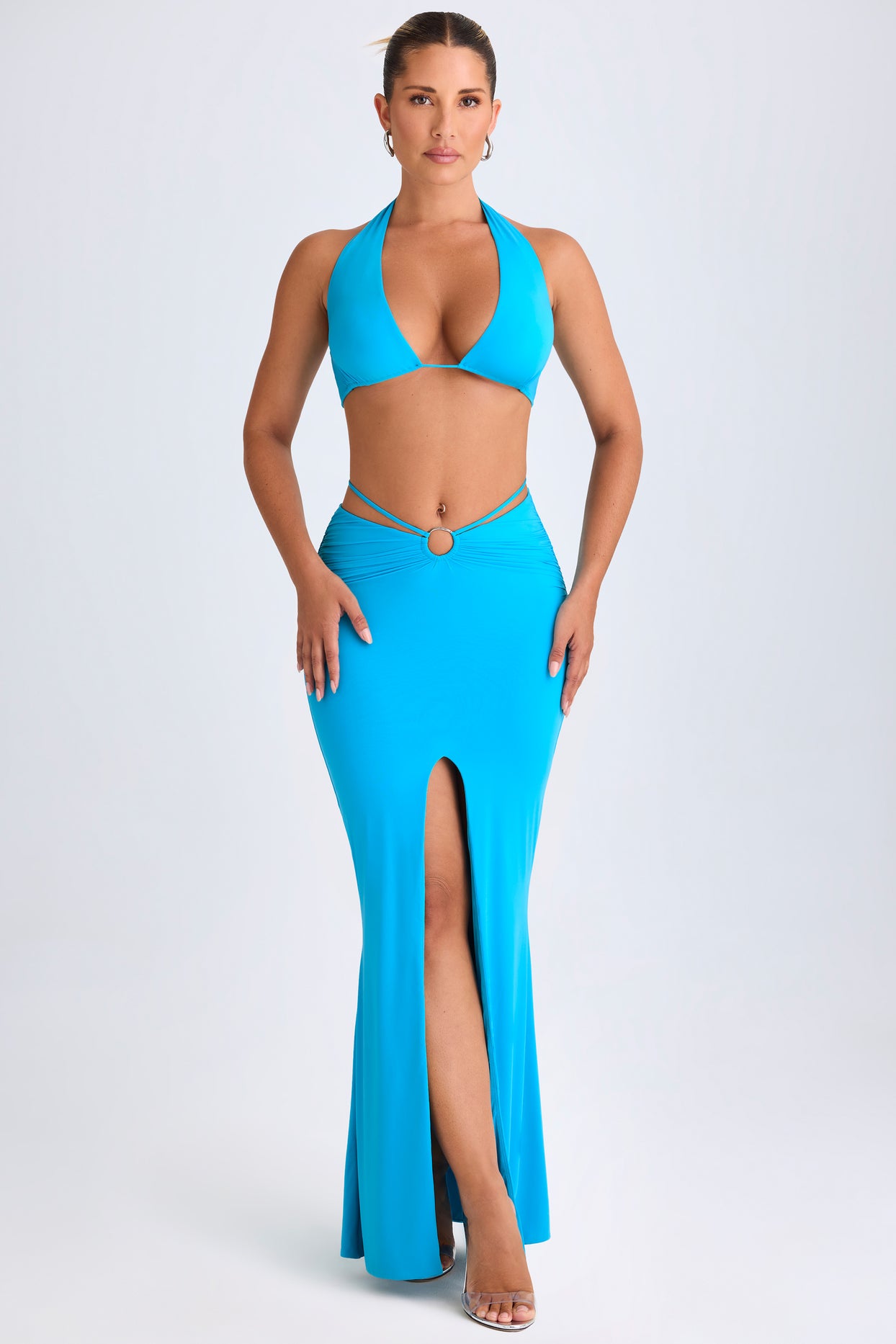 Jupe longue taille mi-haute avec détails matériels, bleu aqua