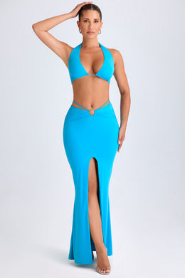 Jupe longue taille mi-haute avec détails matériels, bleu aqua