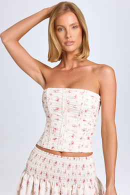 Ruched Lace-Up Corset Top in Small Rose Print