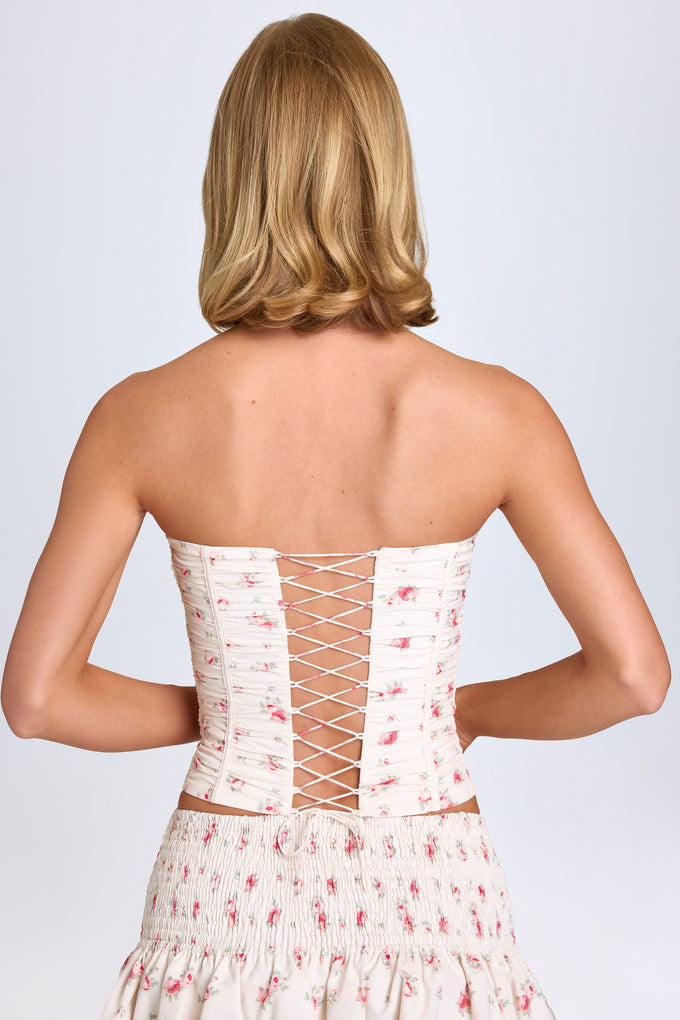 Ruched Lace-Up Corset Top in Small Rose Print