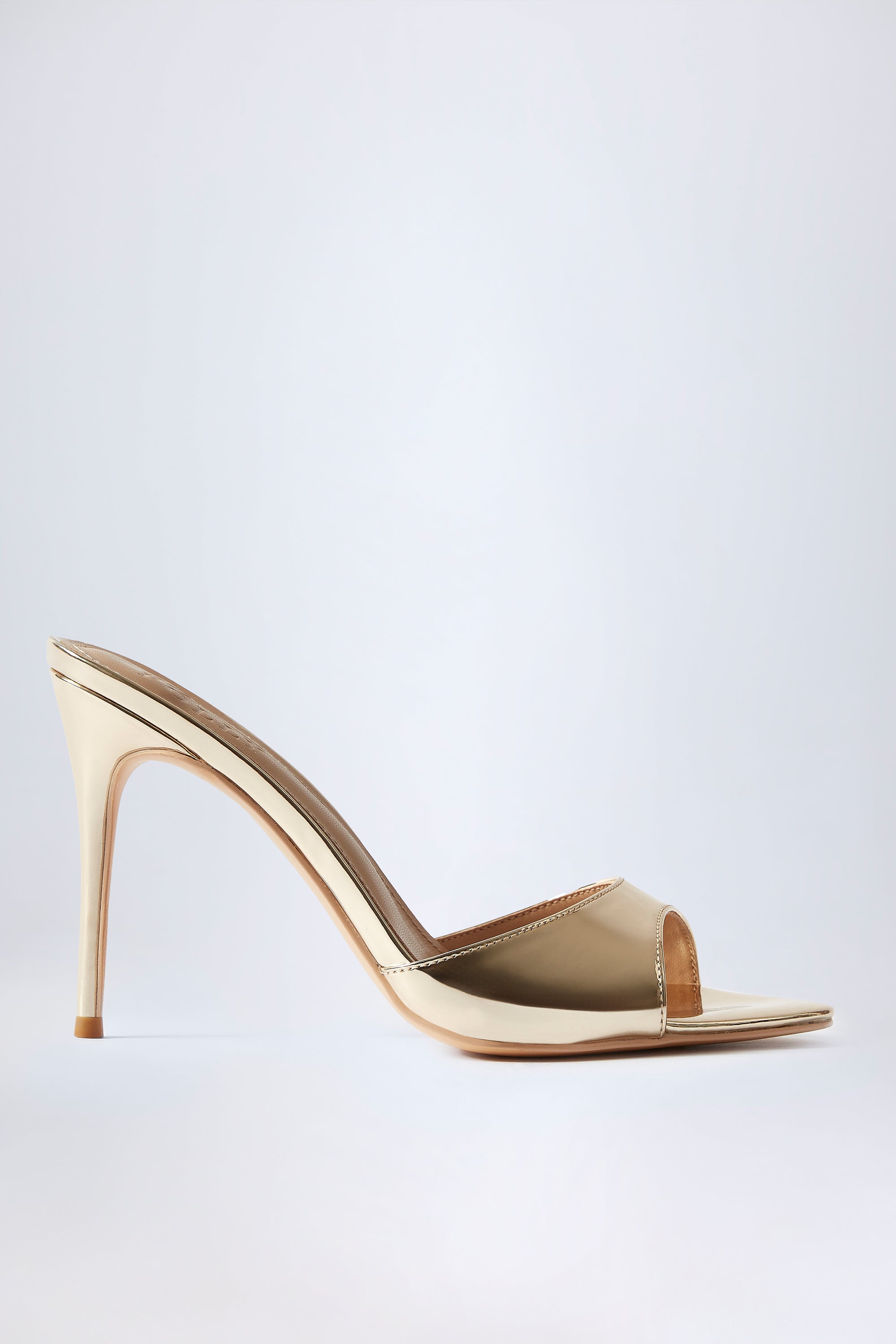 Almond-Toe Heeled Mules in Mirrored Gold