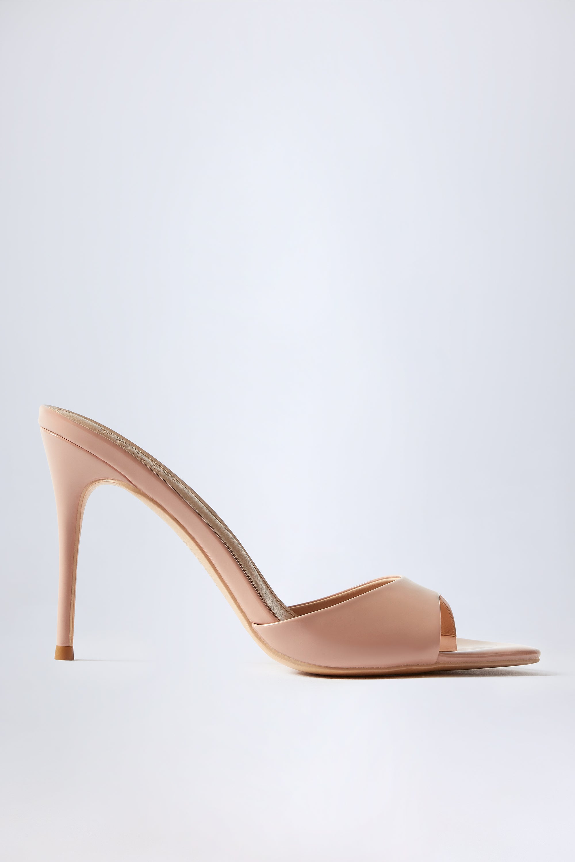 Almond-Toe Heeled Mules in Patent Pink