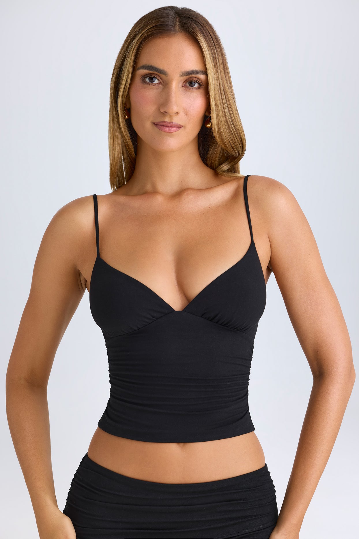 Modal V-Neck Ruched Camisole Top in Black