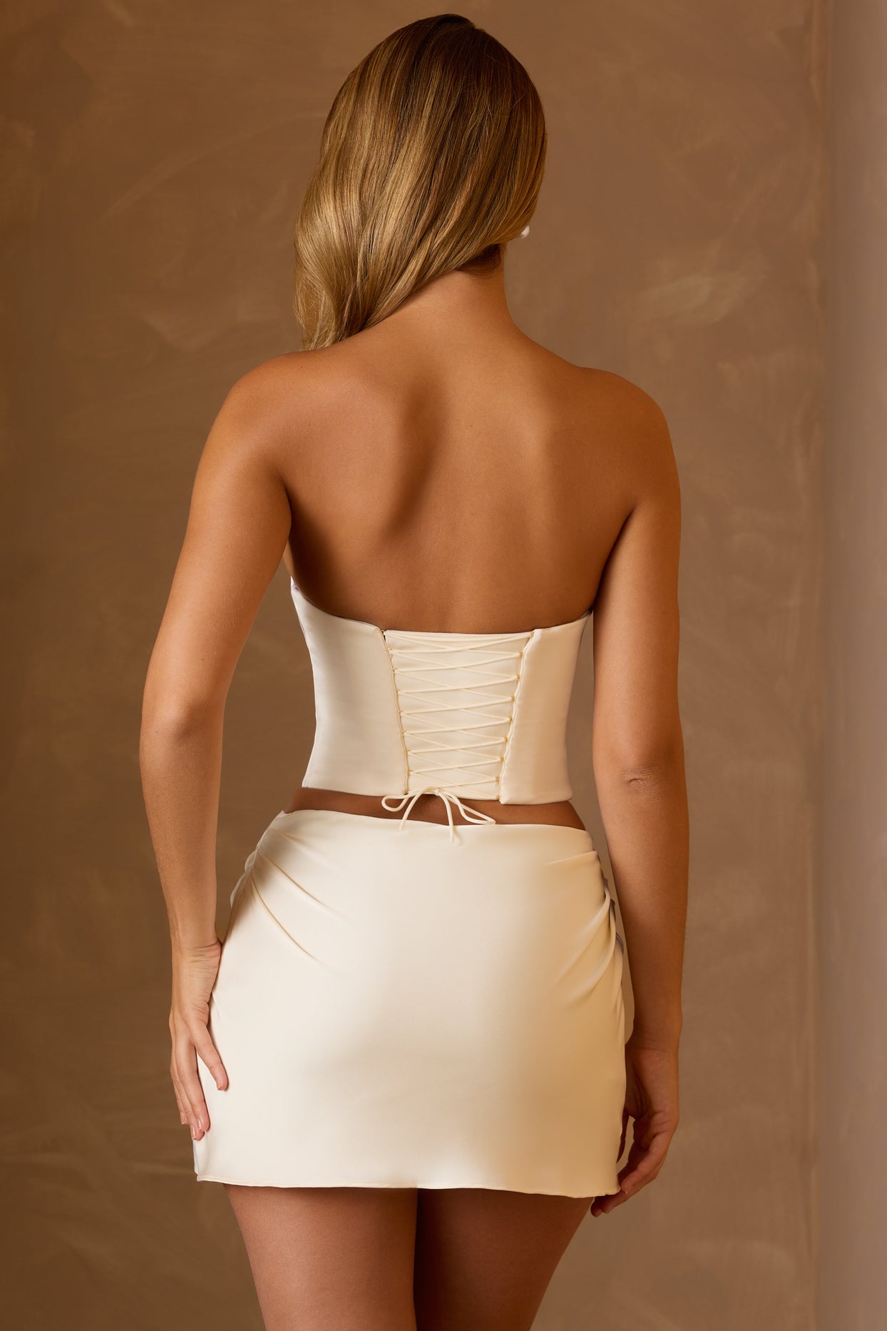 Draped Lace-Up Corset Top in Ivory