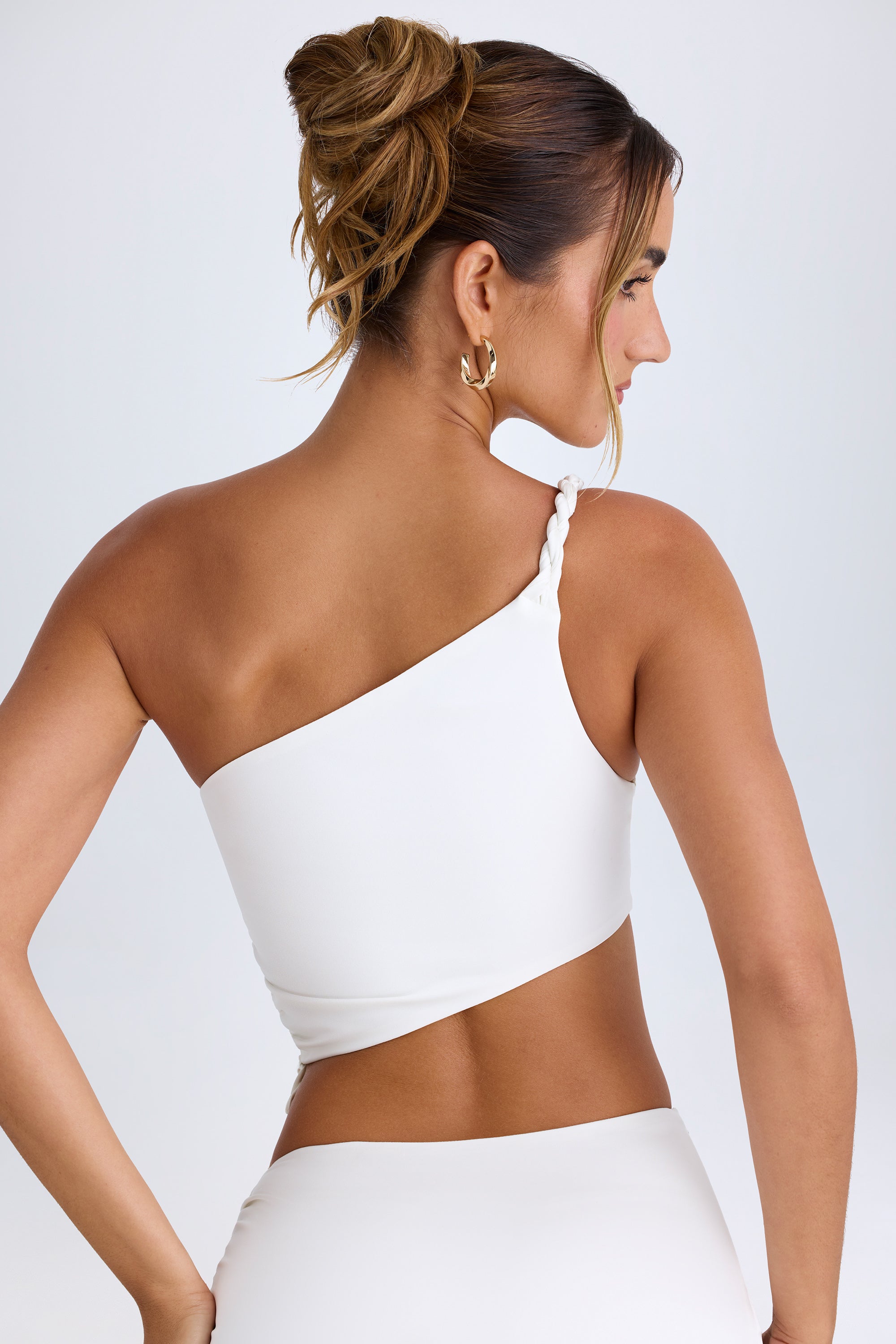 Ruched Asymmetric Crop Top in White