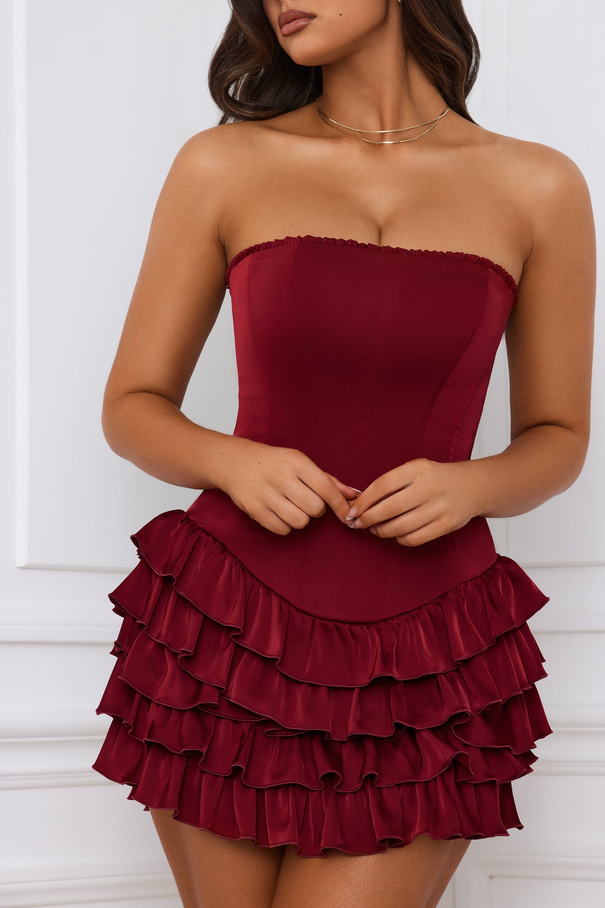 Bandeau Ruffled Tiered Corset Mini Dress in Berry Red