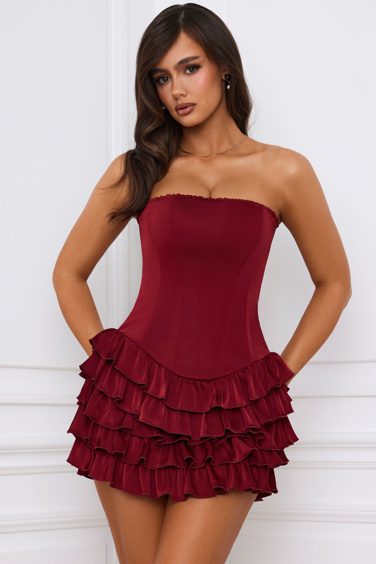 Bandeau Ruffled Tiered Corset Mini Dress in Berry Red