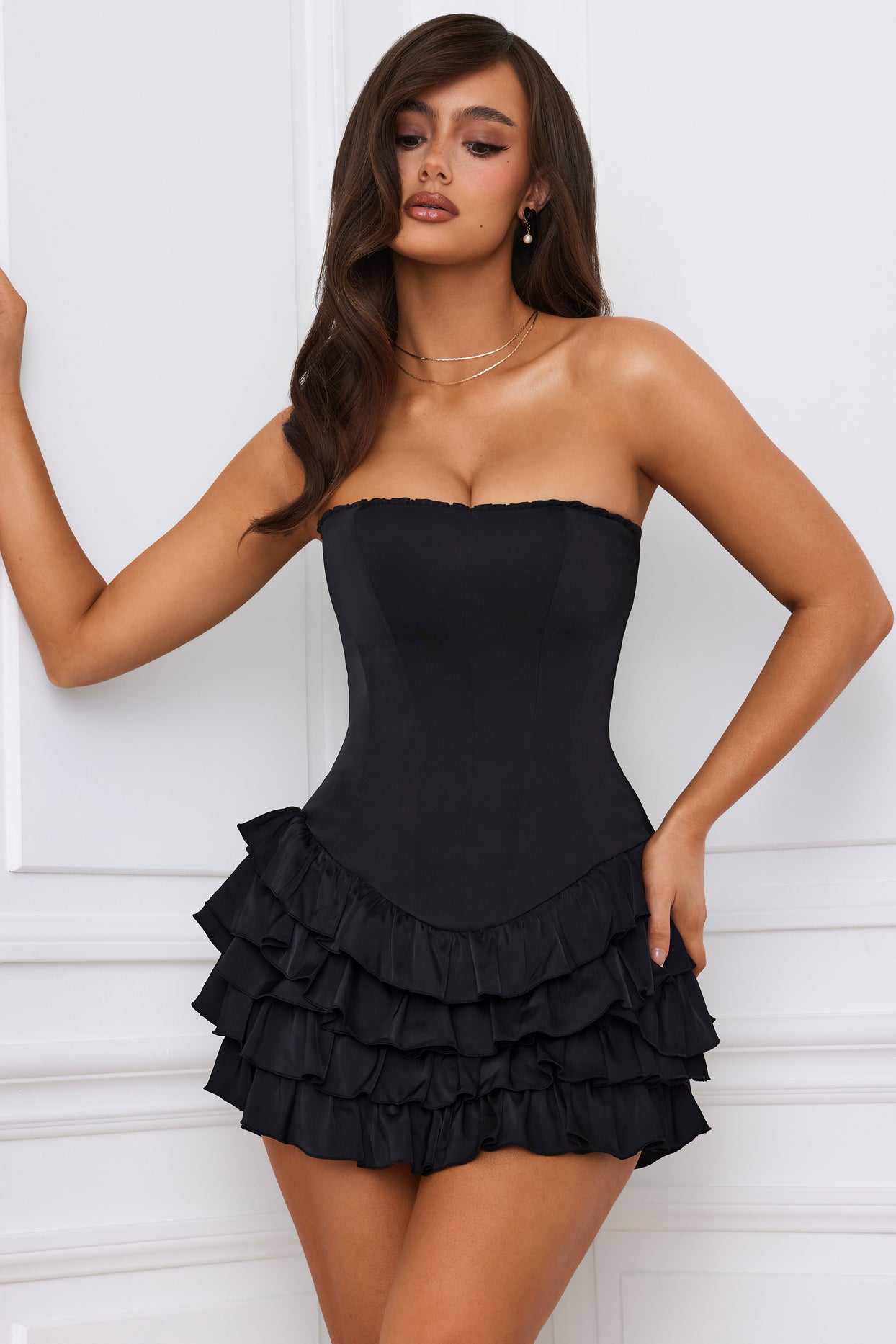 Bandeau Ruffled Tiered Corset Mini Dress in Black