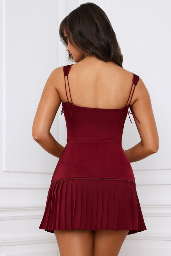 Bow-Detail Lace-Up Corset Mini Dress in Berry Red