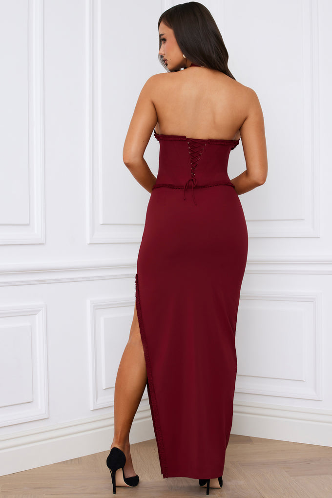 Halterneck Lace-Up Corset Maxi Dress in Berry Red