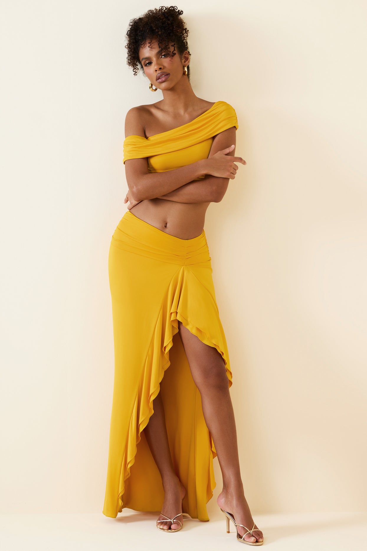 Asymmetric Ruffled Low-Rise Maxi Skirt in Golden Yellow