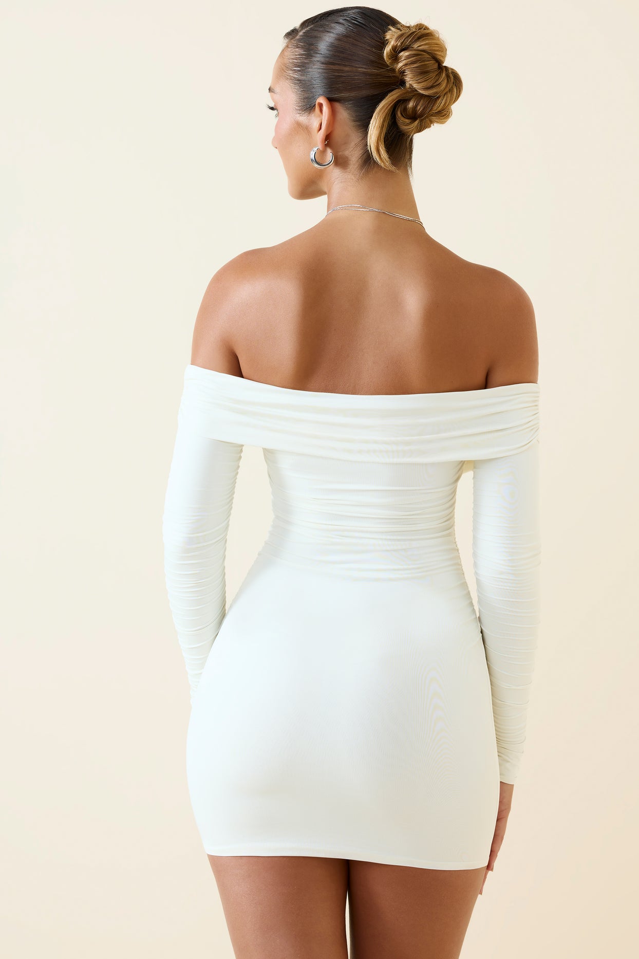 Off-Shoulder Ruched Bodycon Mini Dress in Vanilla