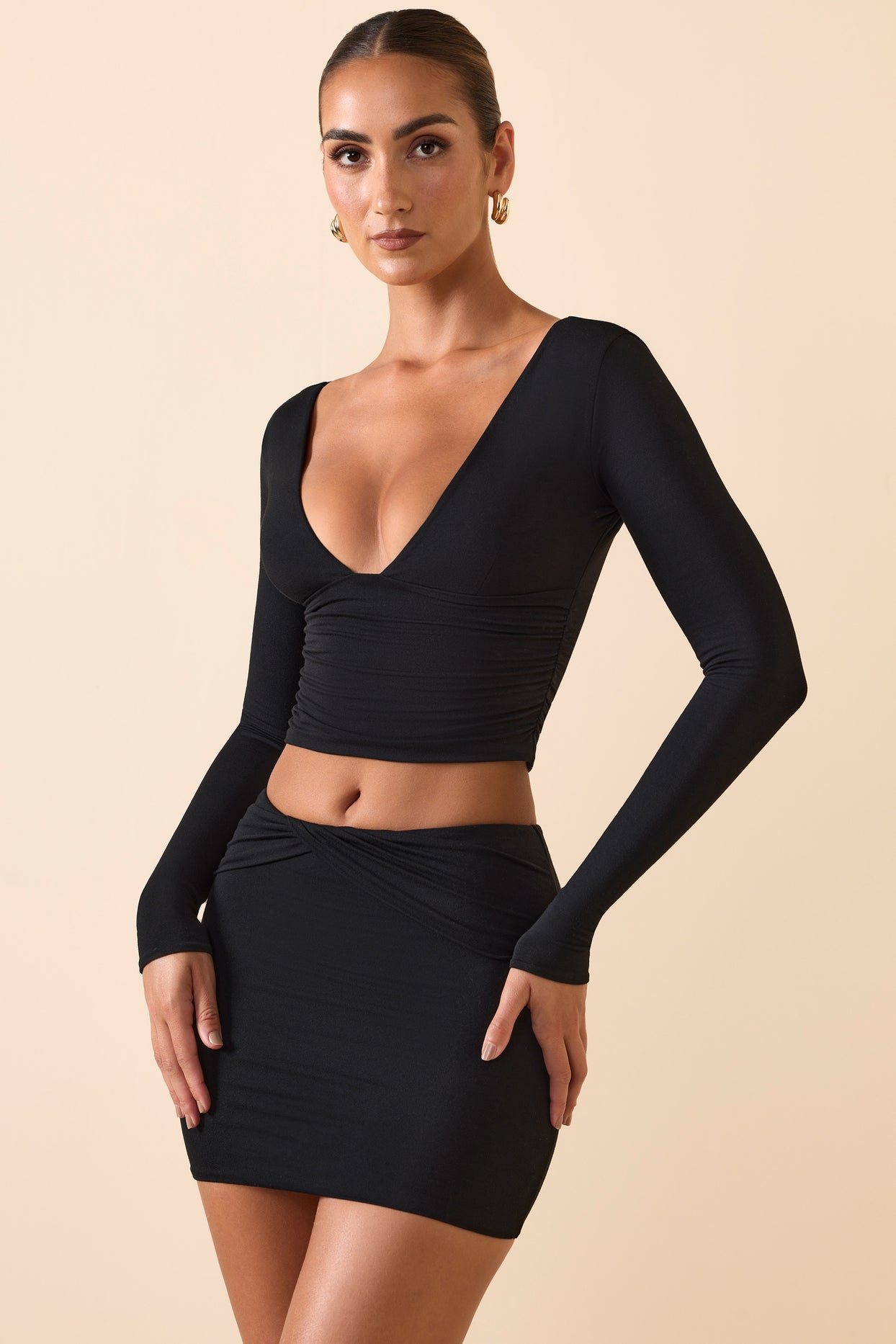 Modal Plunge Long-Sleeve Top in Black