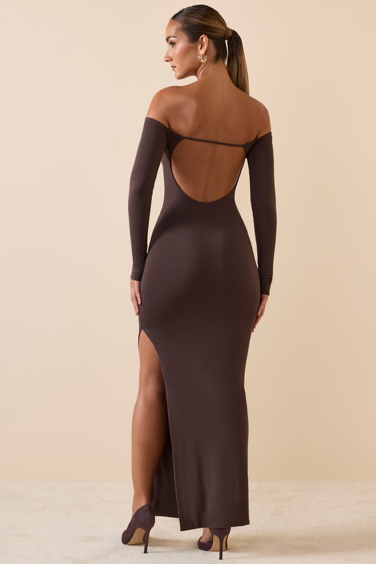 Modal Off-Shoulder Open-Back Maxi Dress in Chocolate Brown