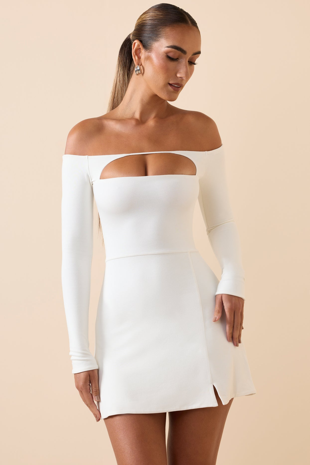 Modal Cut-Out Off-Shoulder A-Line Mini Dress in White