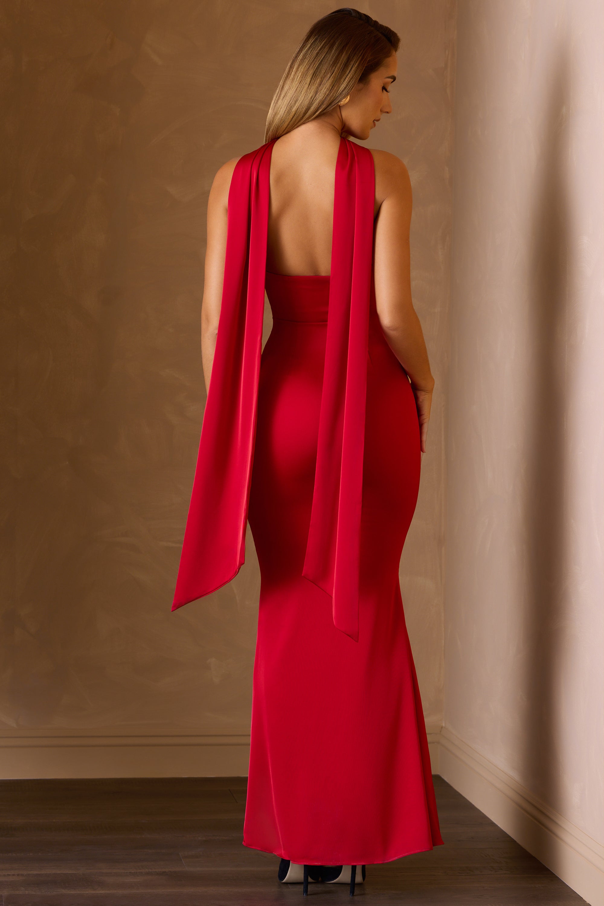 Scarf-Detail Strapless Gown in Scarlet Red