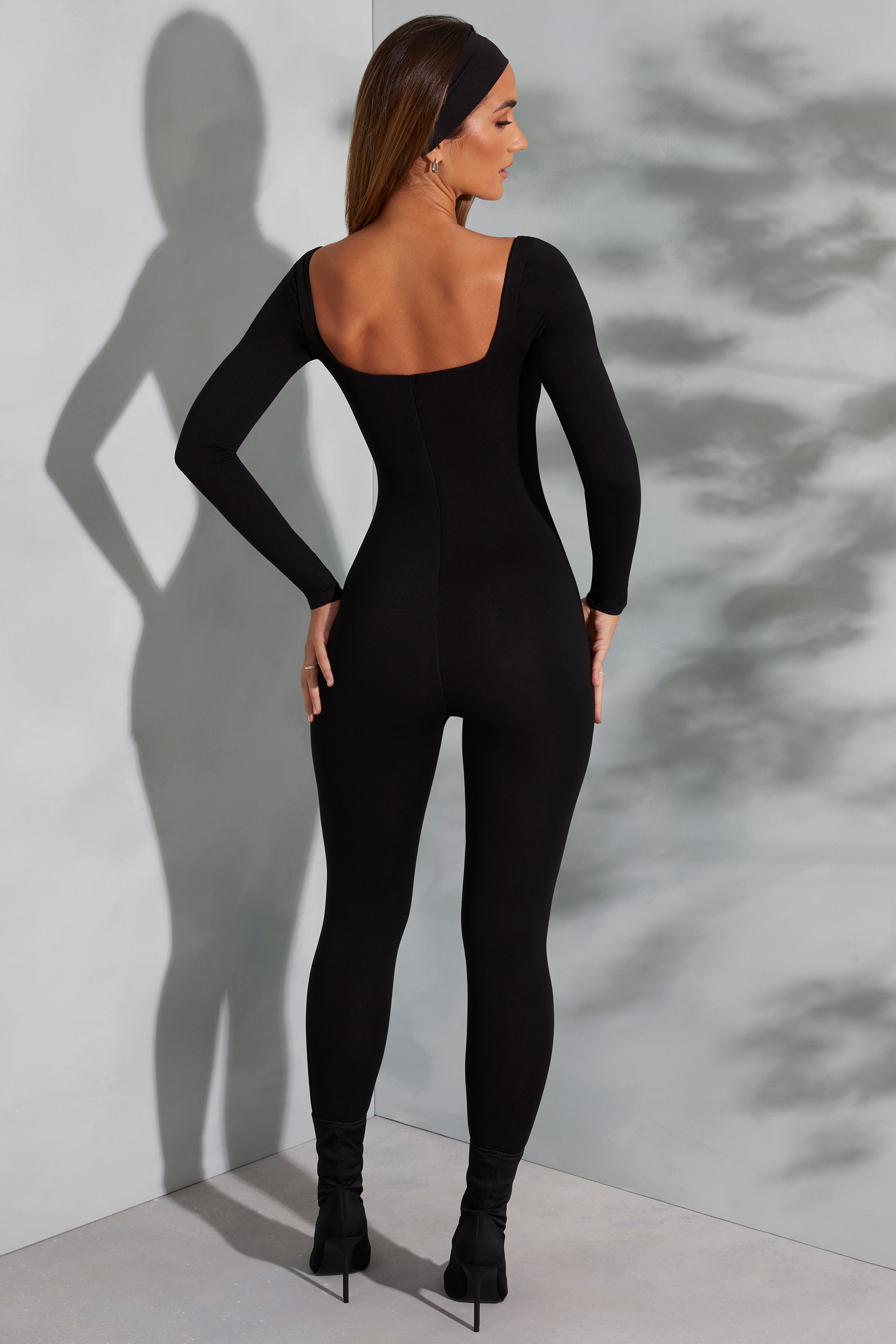 Square Neck Long Sleeve Jumpsuit in Black