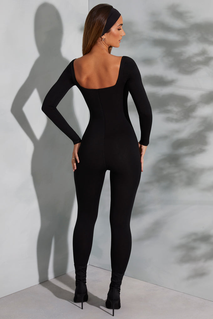 Women Ribbed Knit Yoga Jumpsuit Long Sleeve Square Neck One Piece Bodycon  Jumpsuit Workout Fitness Outfit Sportswear (A-Black, S) : :  Fashion