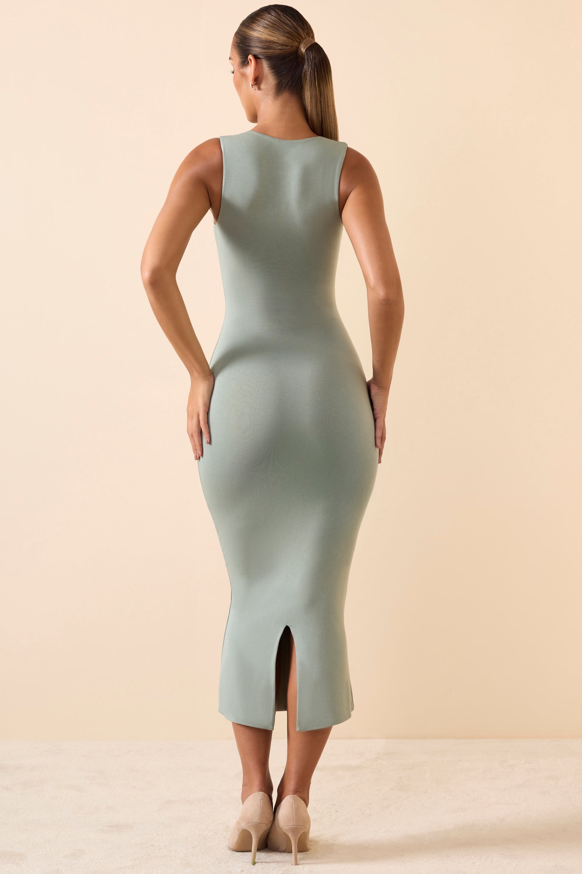 Modal Square-Neck Midi Dress in Smoke Green