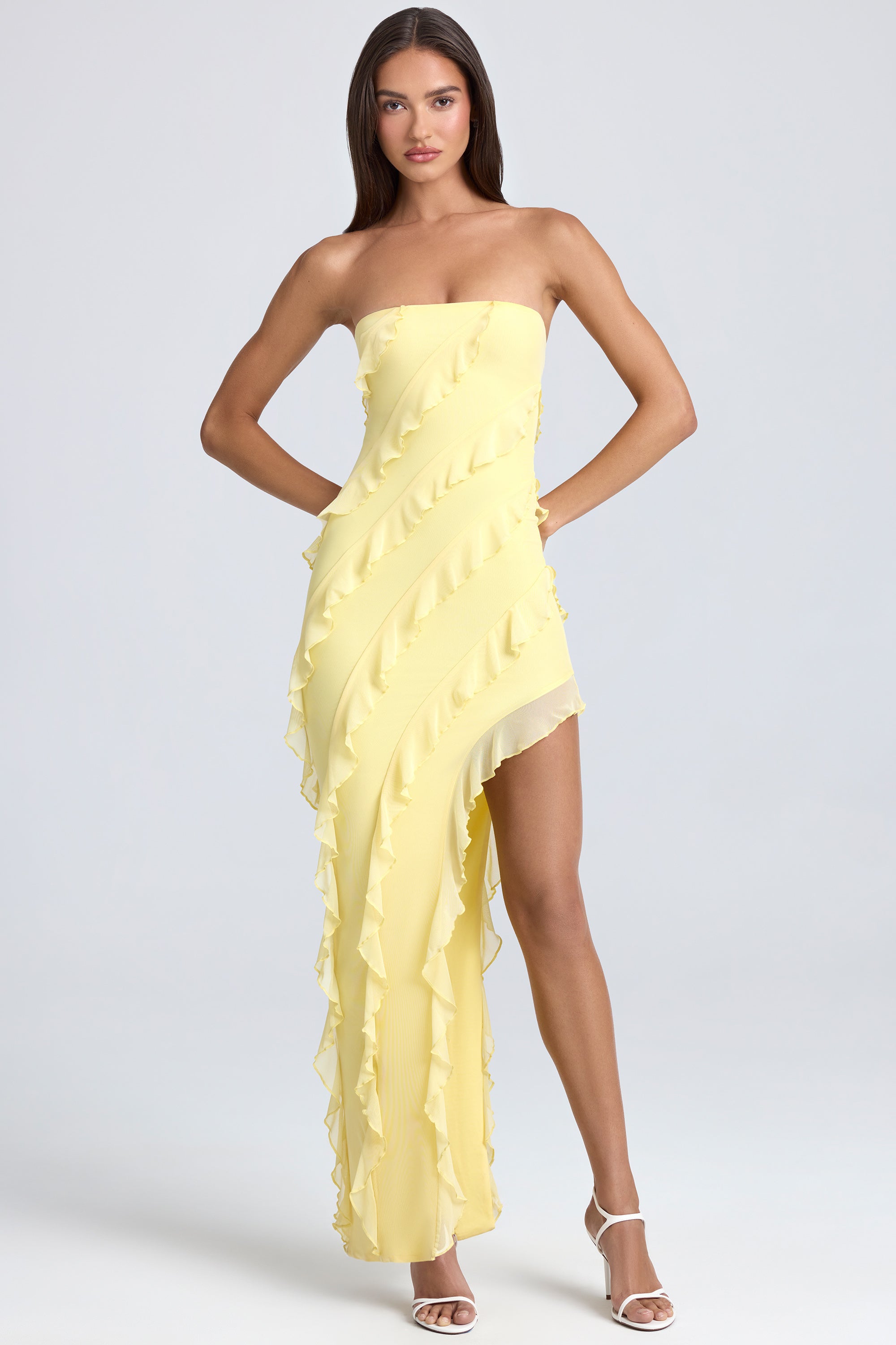 Robe longue bandeau à volants en sorbet citron