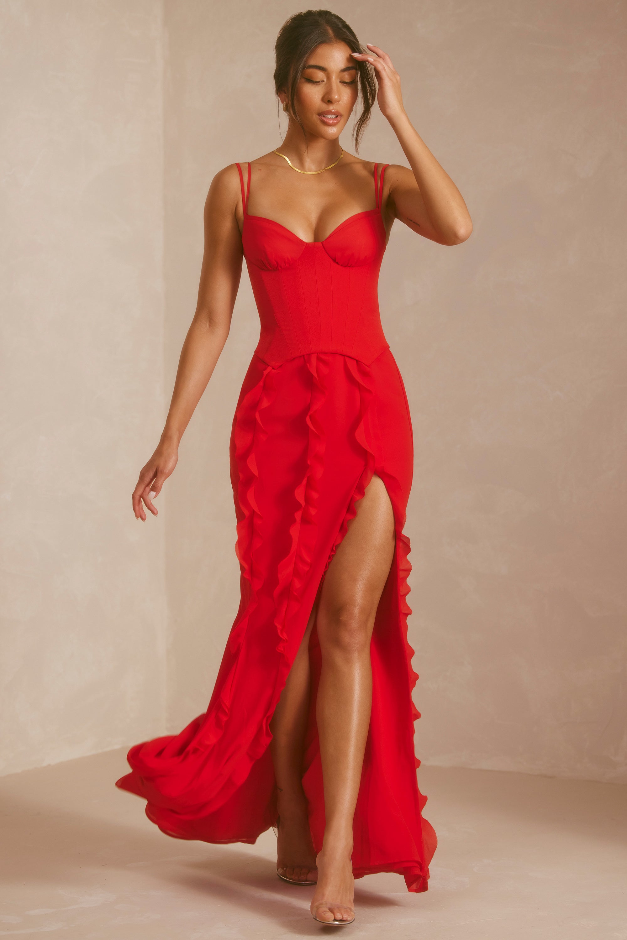 Long red dress with best sale side split