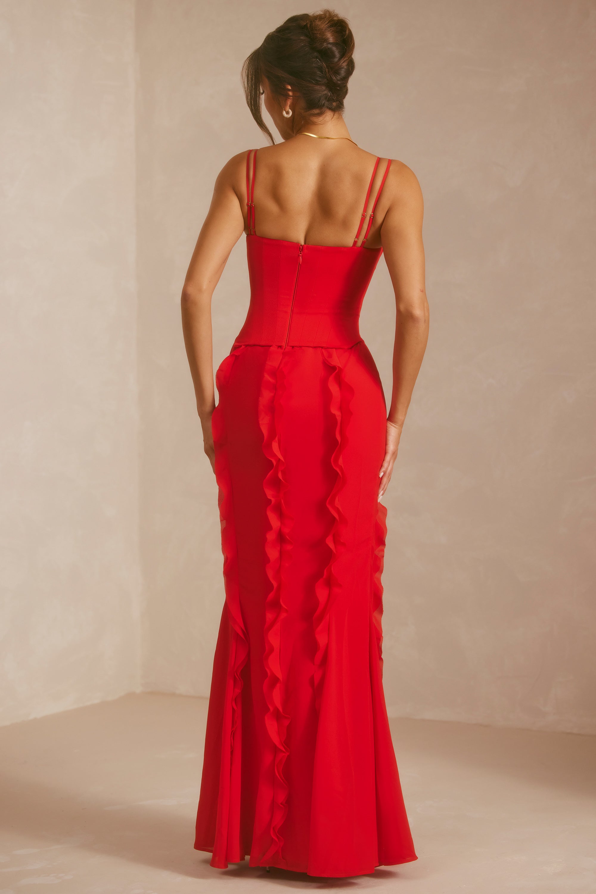 Robe longue avec jupe corset à volants en rouge écarlate