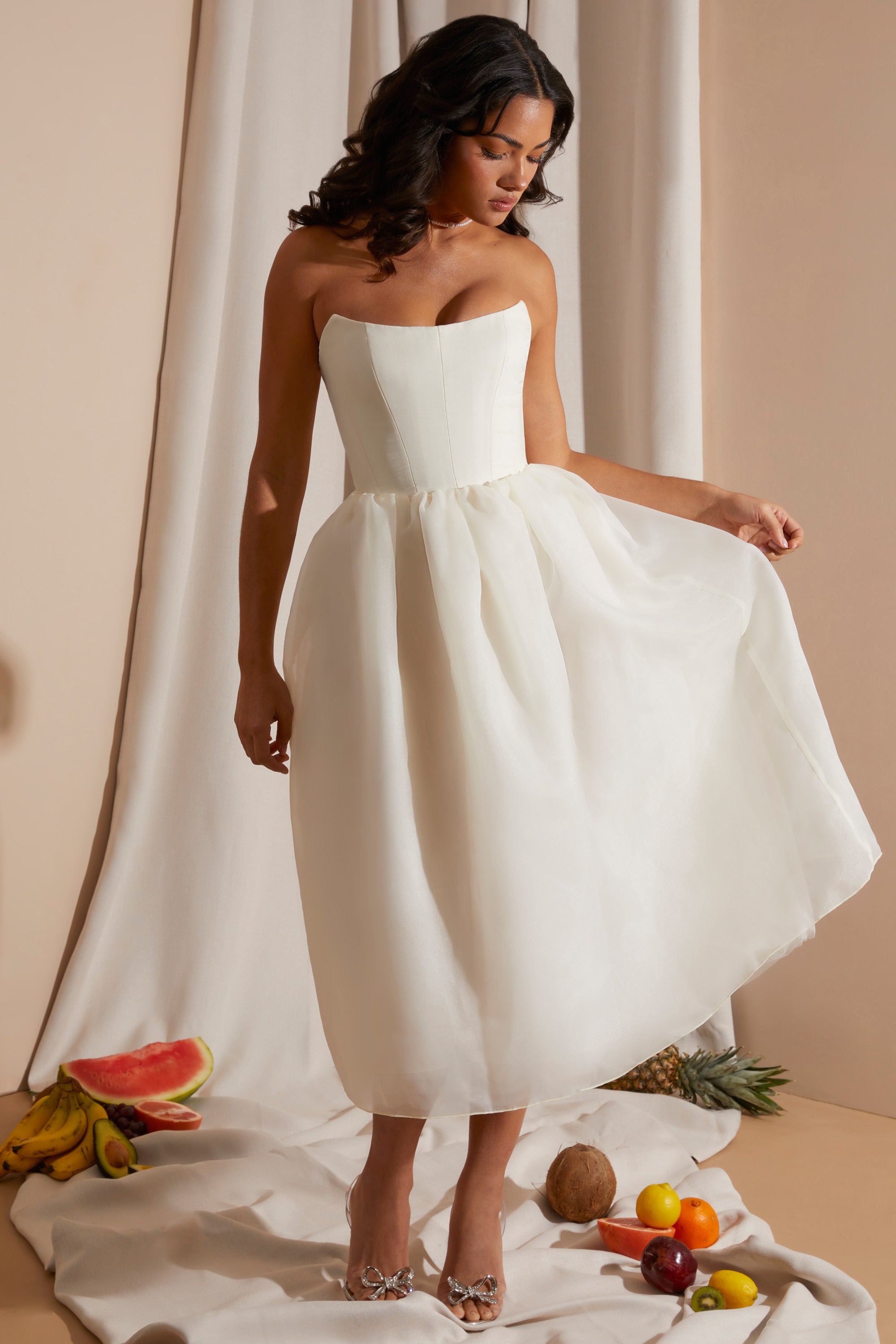 Strapless white 2024 dress midi