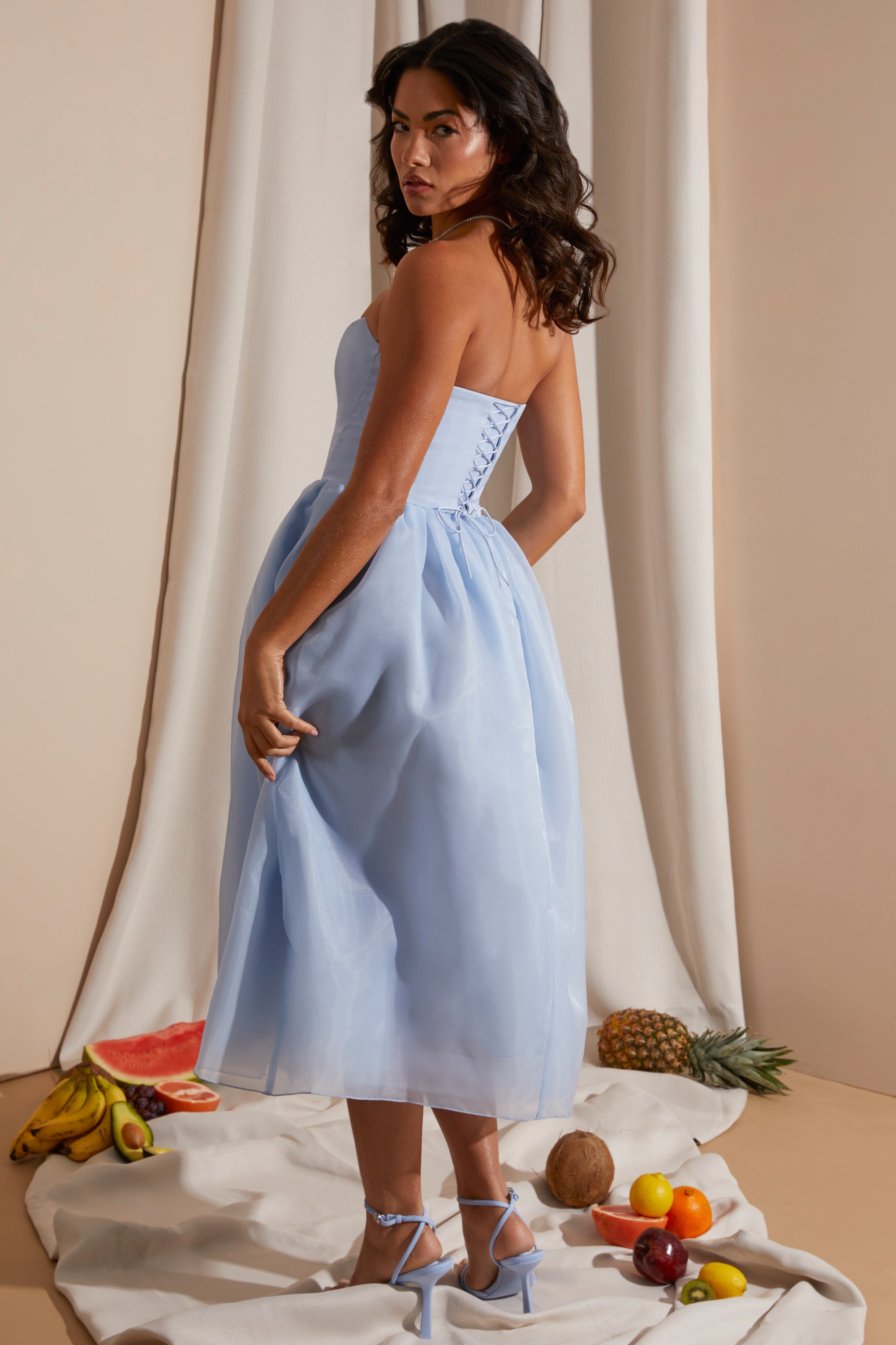Marise Strapless Corset Tulle Midi Dress in Blue | Oh Polly