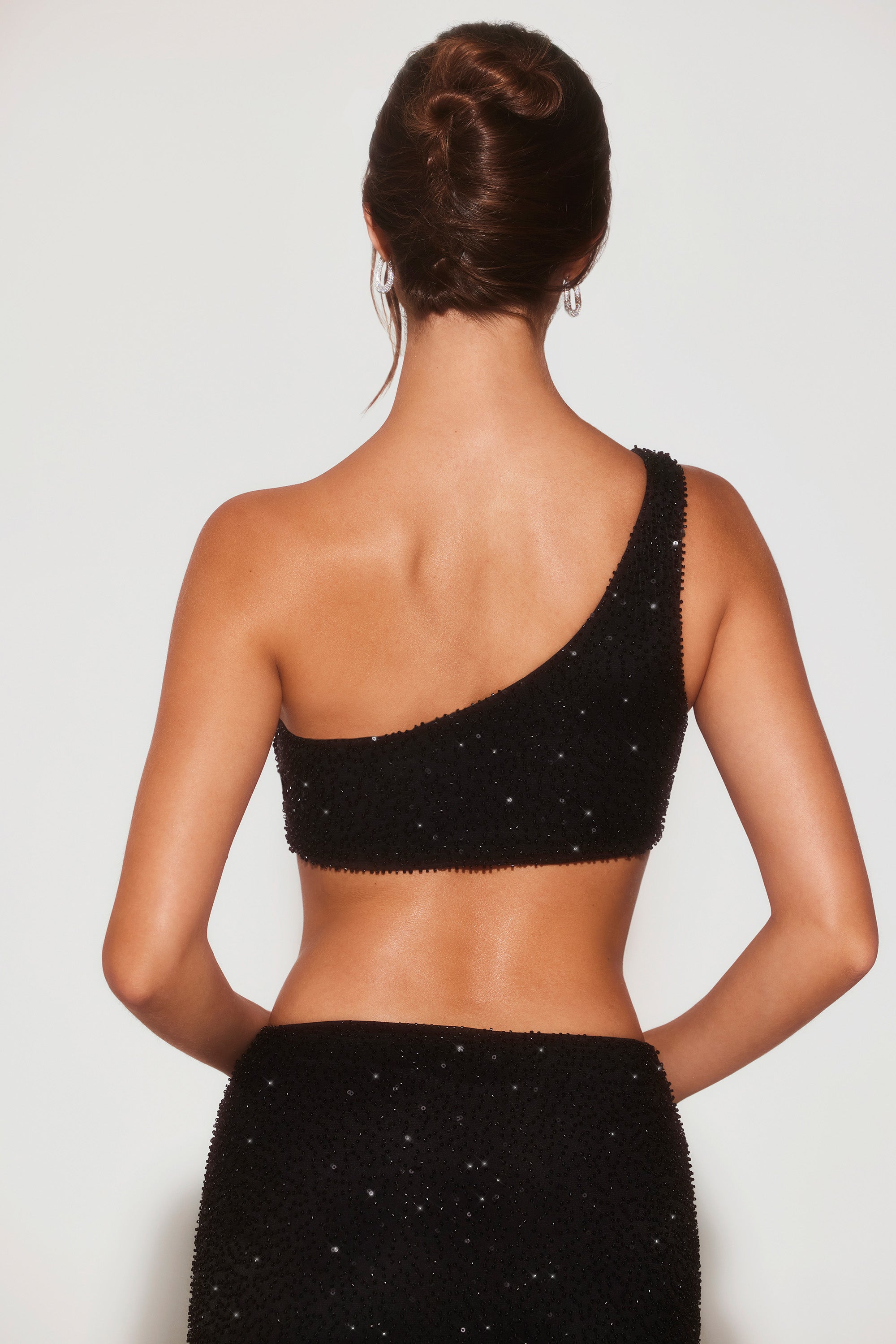 Embellished One Shoulder Knot Detail Crop Top in Black