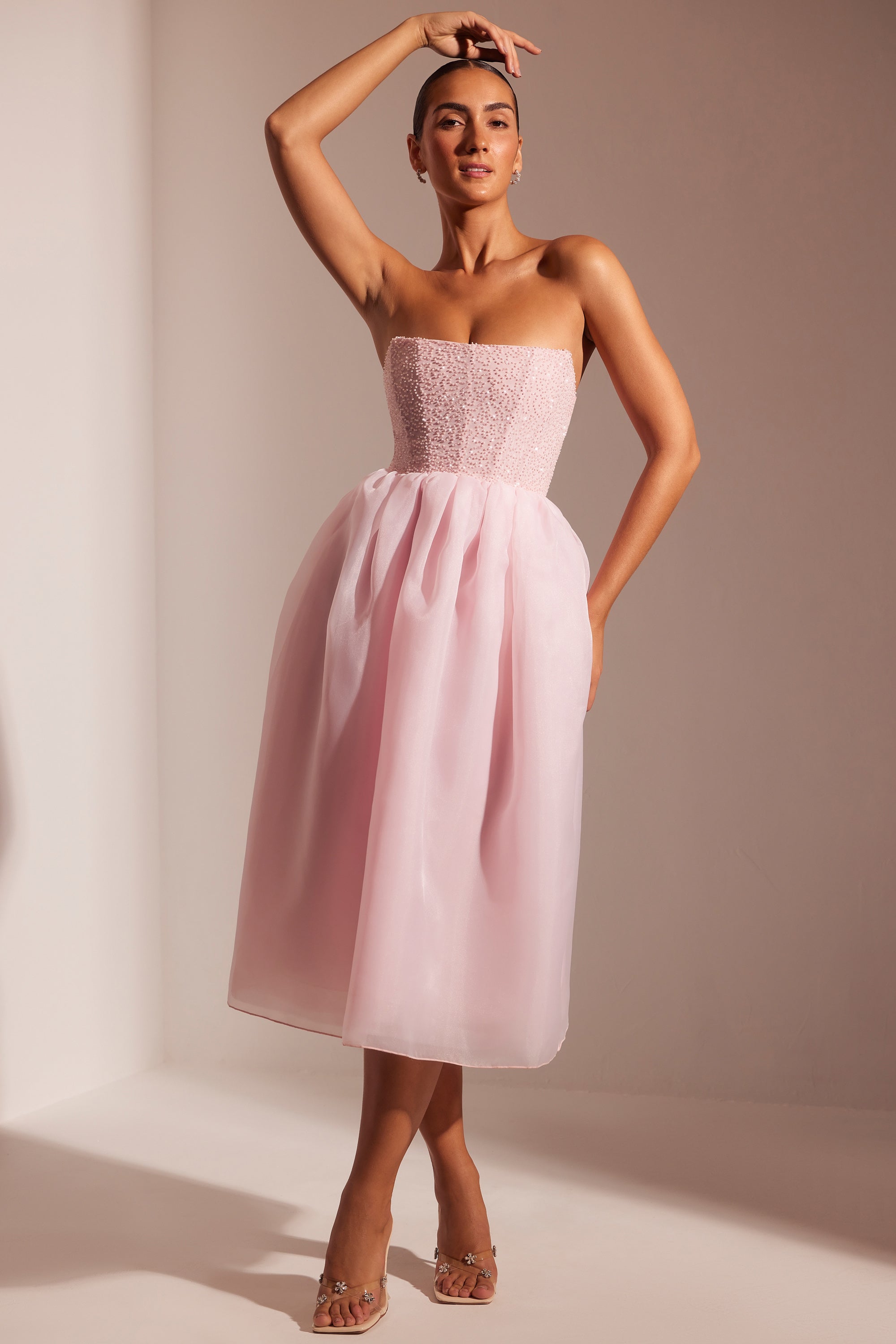 Robe mi-longue avec jupe corset en tulle ornée, Blush