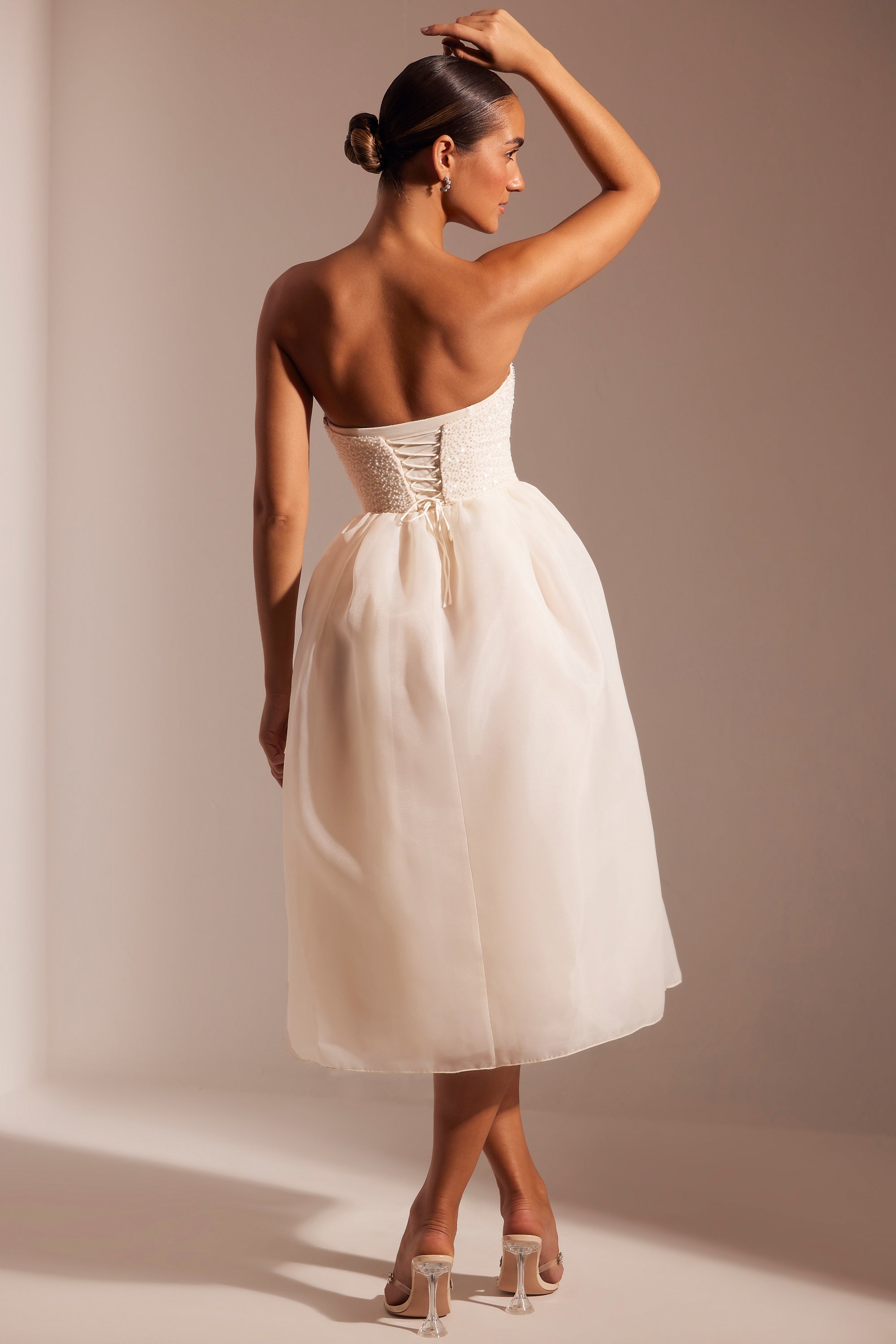 Rosette Embellished Corset Tulle Skirt Midi Dress in Ivory Oh Polly