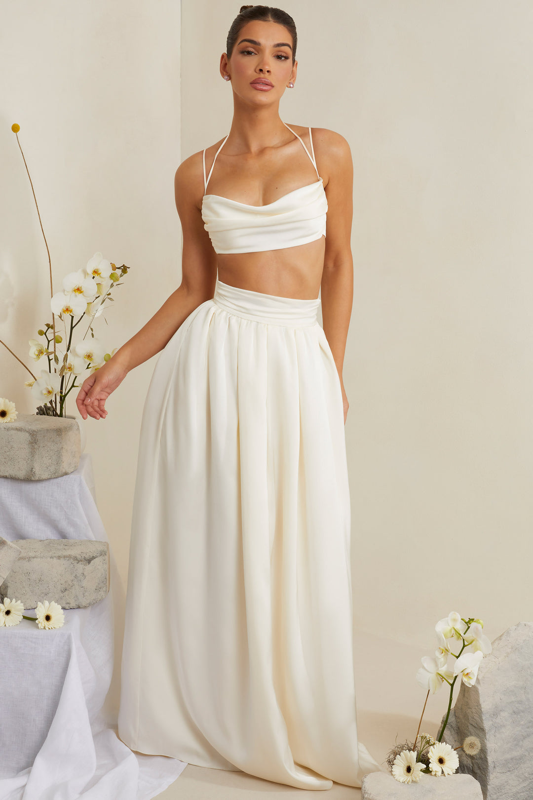 Dulcie Cowl Neck Heavy Satin Crop Top in White | Oh Polly