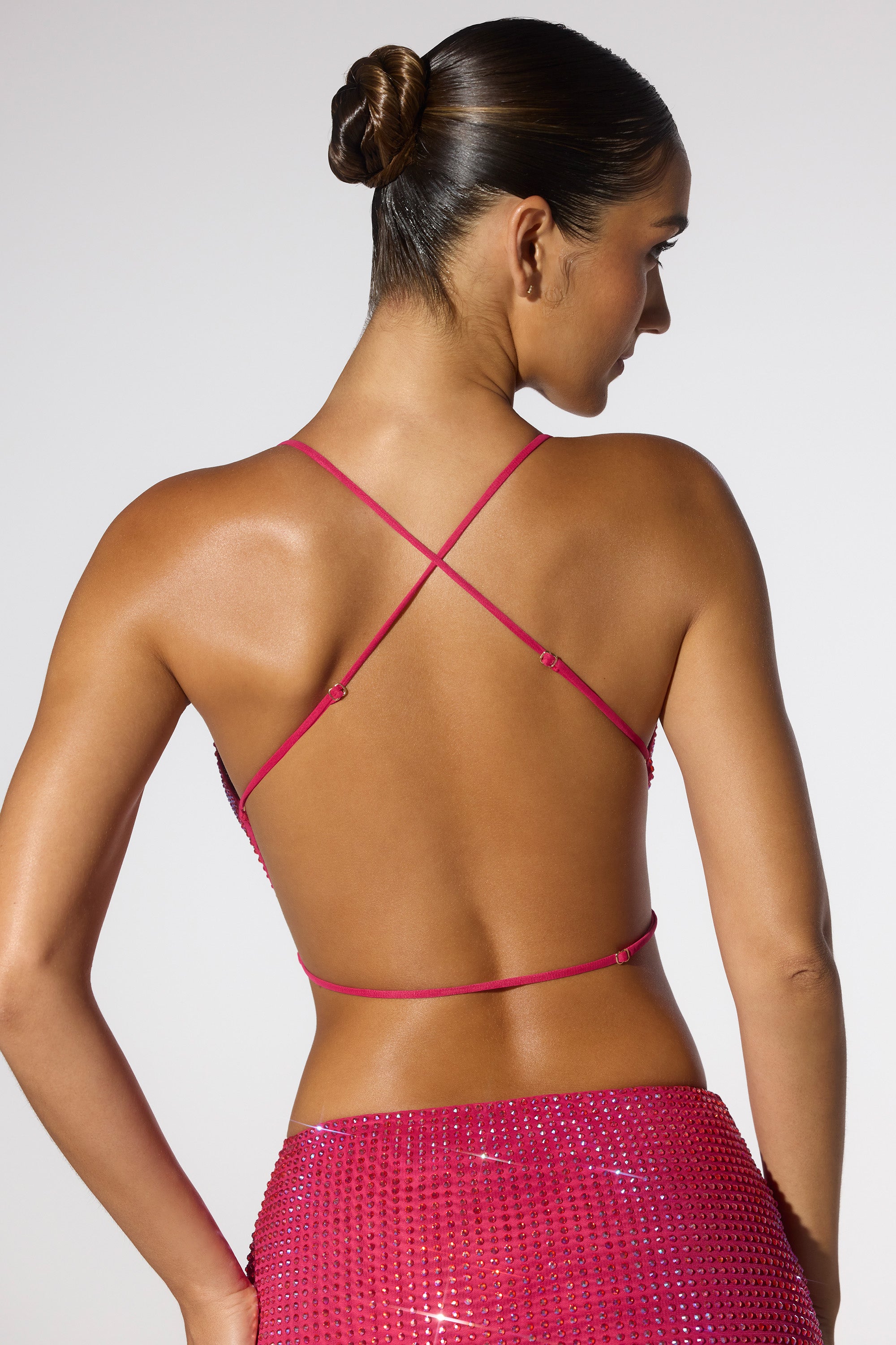 Embellished Cowl Neck Open Back Crop Top in Hot Pink