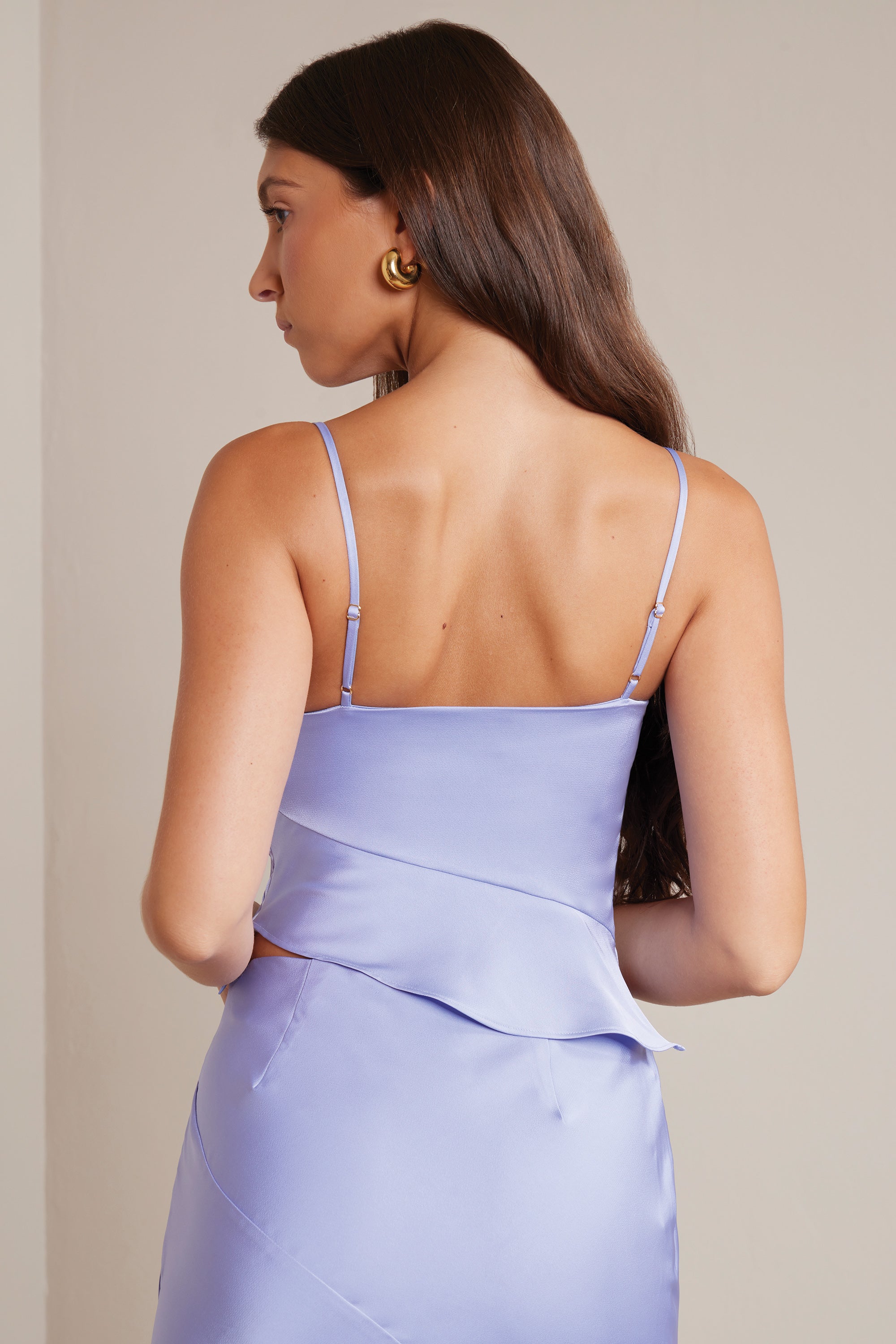 Bias Cut Satin Cowl Neck Crop Top in Periwinkle