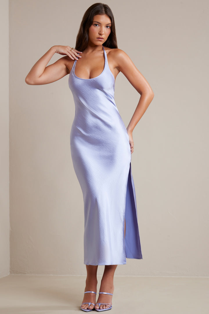 Blakely Bias Cut Satin Halter Neck Maxi Dress in Periwinkle | Oh Polly