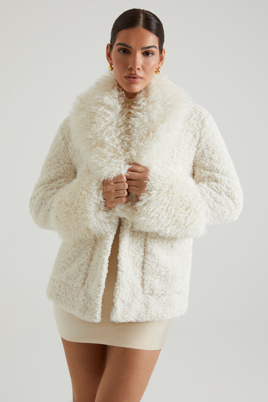 Wynter Shearling Coat with Large Front Pockets in Cream | Oh Polly