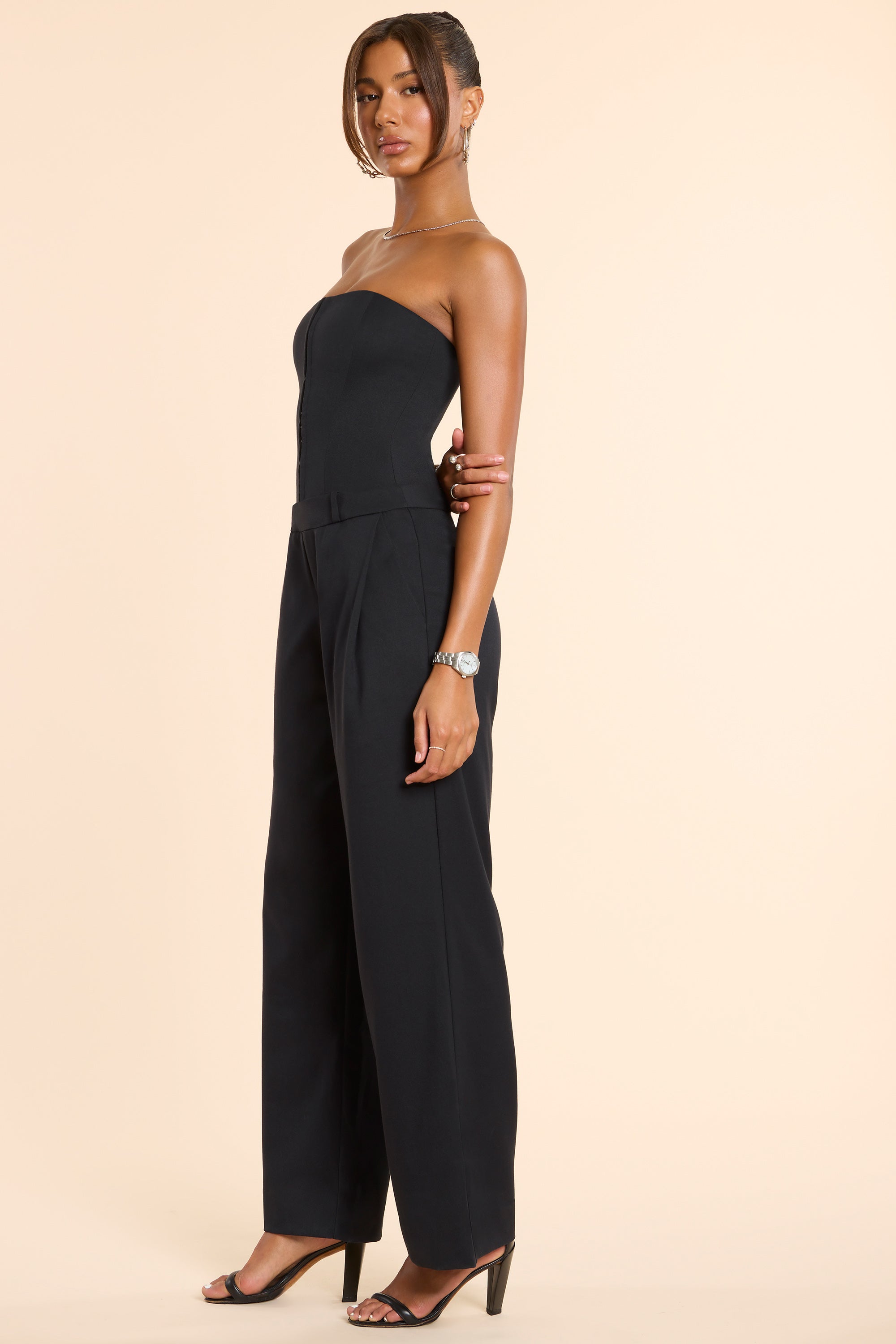 Goldie Tall Woven Wool Bandeau Corset Jumpsuit in Black | Oh Polly