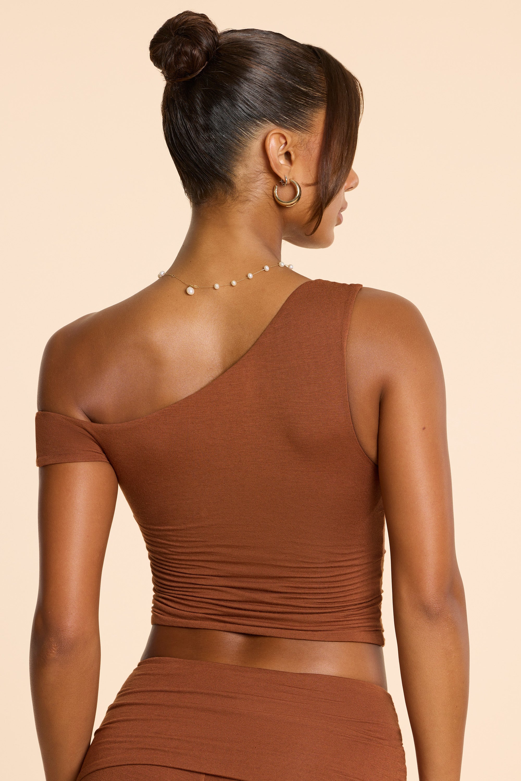 Asymmetric Neck Ruched Modal Cashmere Blend Top in Chestnut Brown