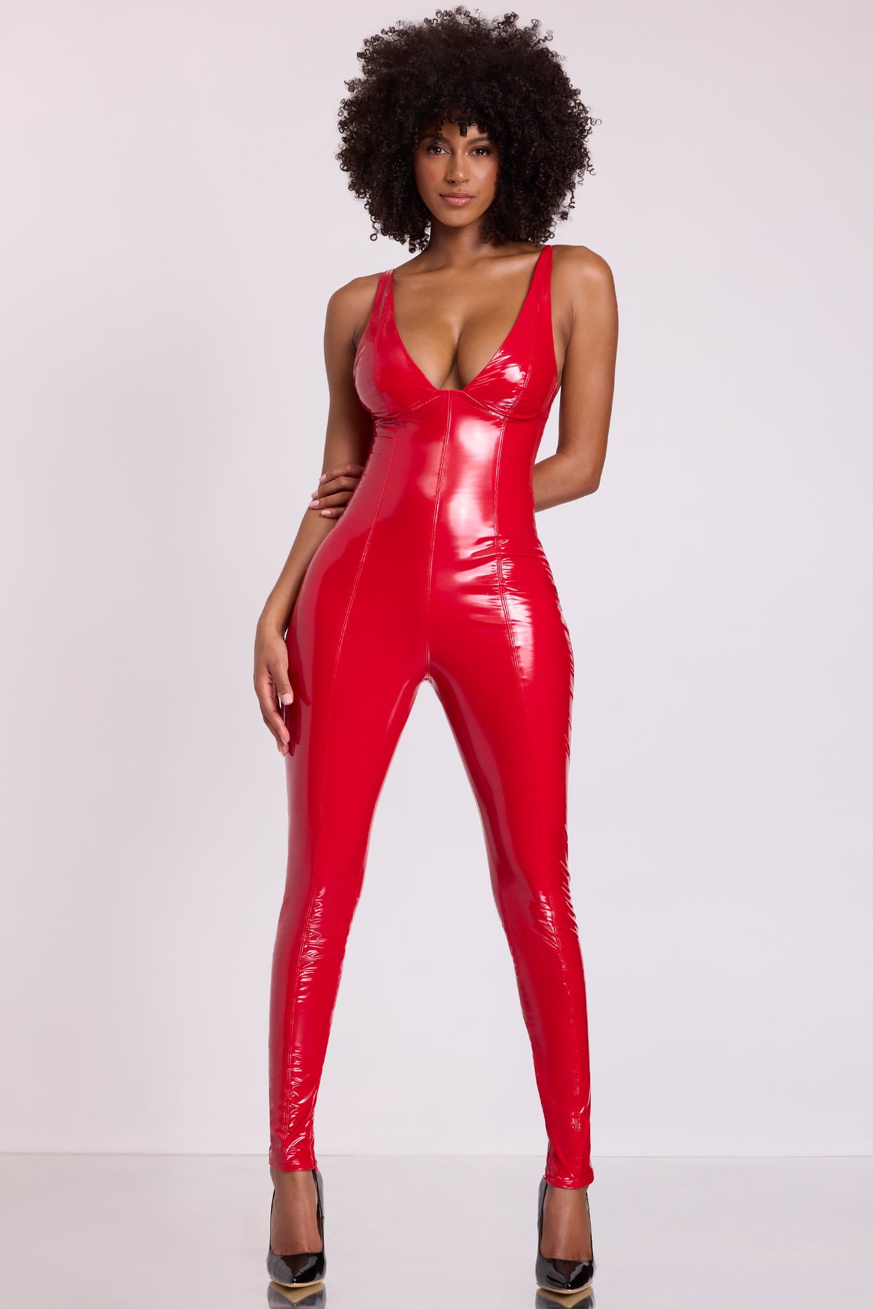 Combinaison Catsuit en Vinyle à Col Plongeant en Rouge Feu