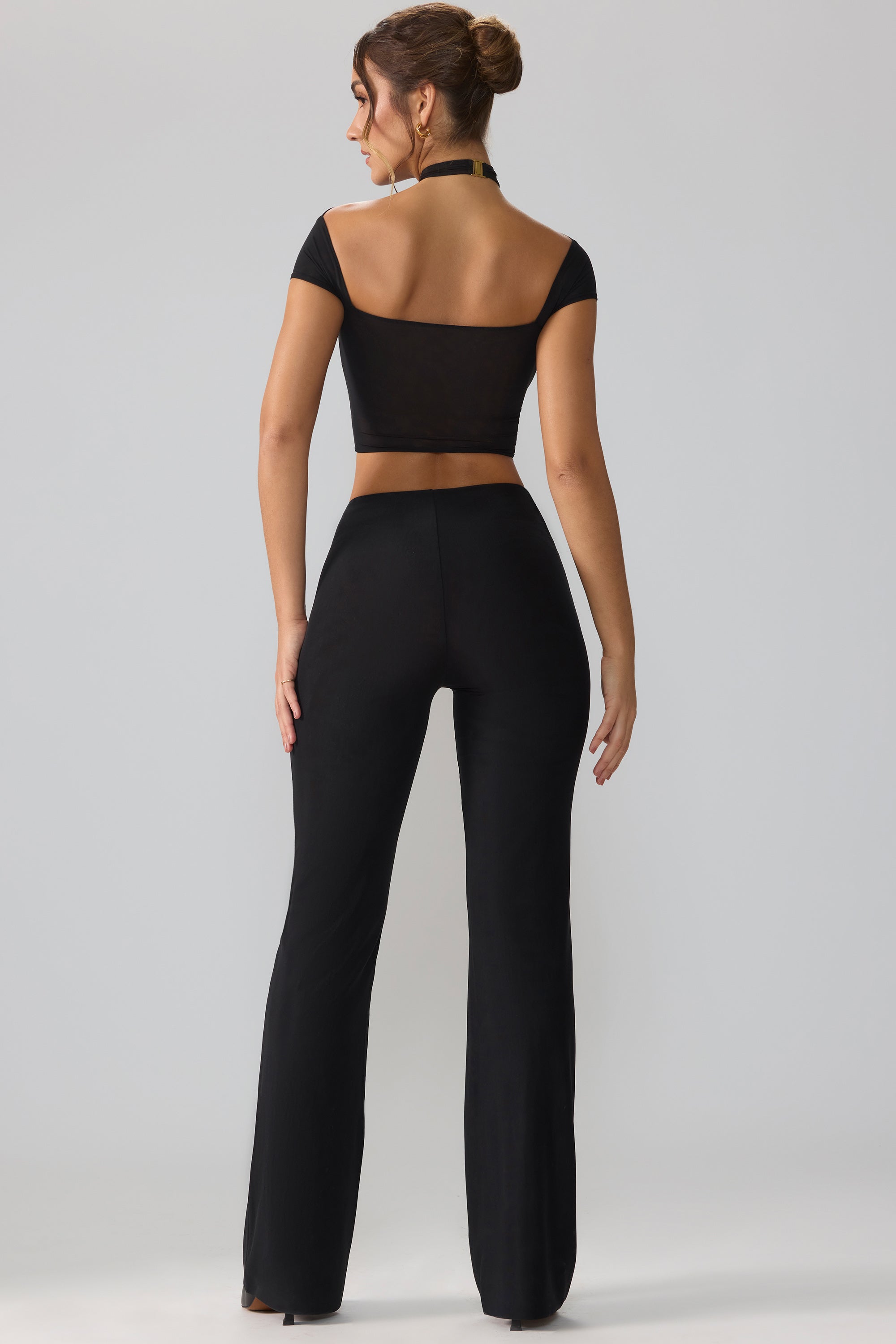 Petite Mesh Mid Rise Twist Overlay Flare Trousers in Black