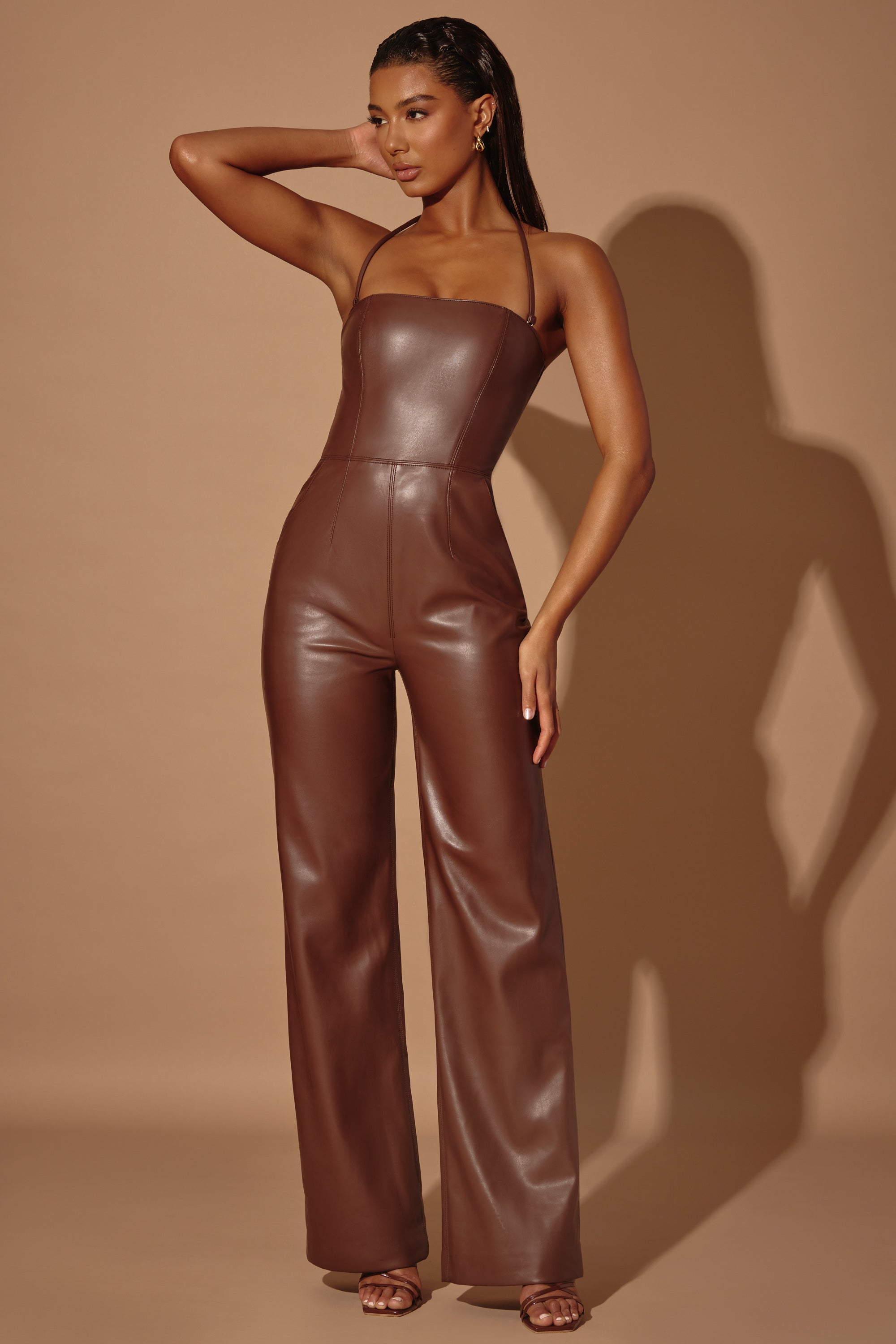 Selah Tall Strapless Wide Leg Vegan Leather Jumpsuit in Brown | Oh 